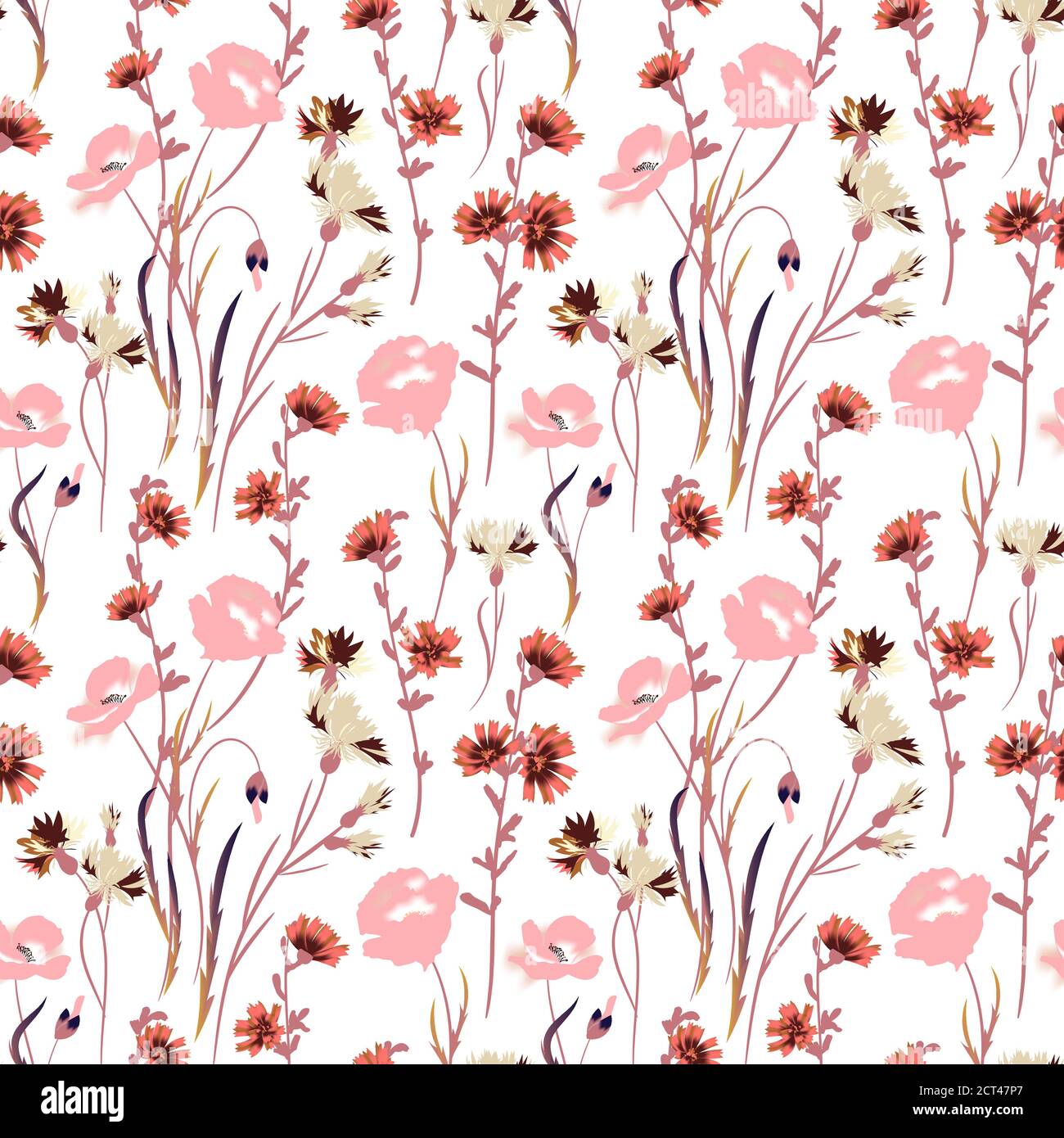 Wild flowers illustrations. Vector seamless pattern Stock Vector