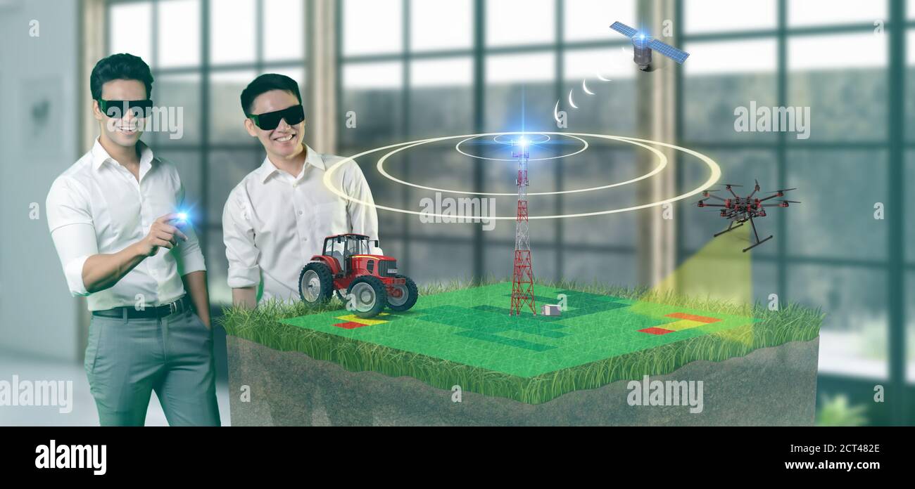 Futuristic Technology in smart business industry for yield by using drone ai artificial intelligence, machine learning, digital twin, 5g, big data, io Stock Photo