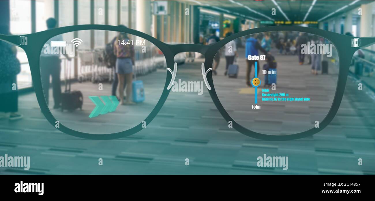 new normal in futuristic technology concept in smart glasses use augmented mixed virtual reality with using artificial intelligence, machine learning, Stock Photo