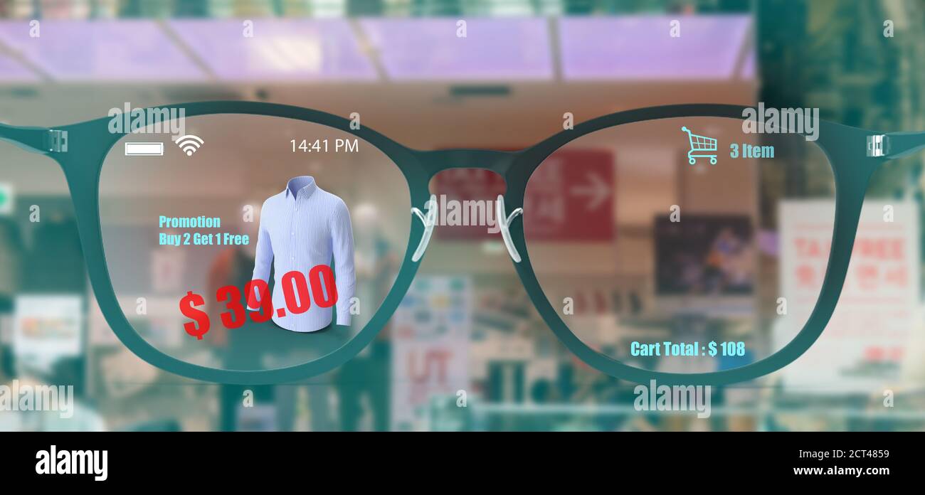 new normal in futuristic technology concept in smart glasses use augmented mixed virtual reality with using artificial intelligence, machine learning, Stock Photo