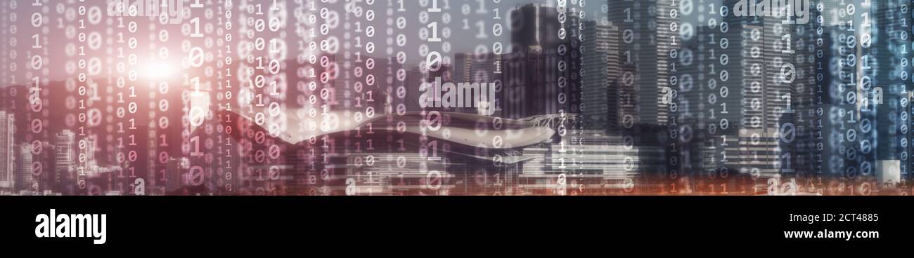 Binary computer code virtual city skyline. Matrix Mixed Media Background. Stock Photo