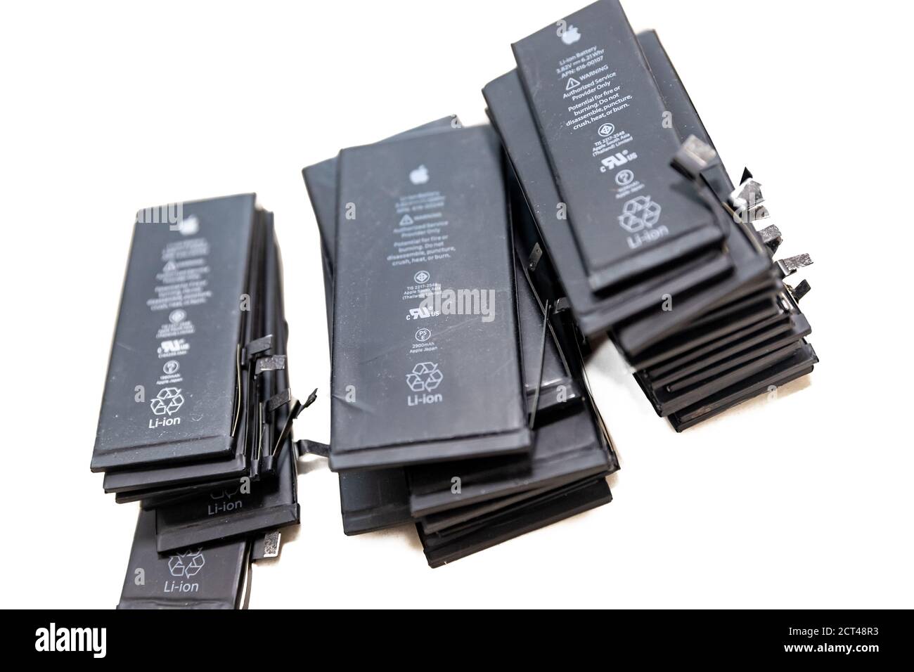 RUSSIA - July 27, 2020: Broken iPhone Apple phone used rechargeable  batteries in recycling chip repair shop Stock Photo - Alamy