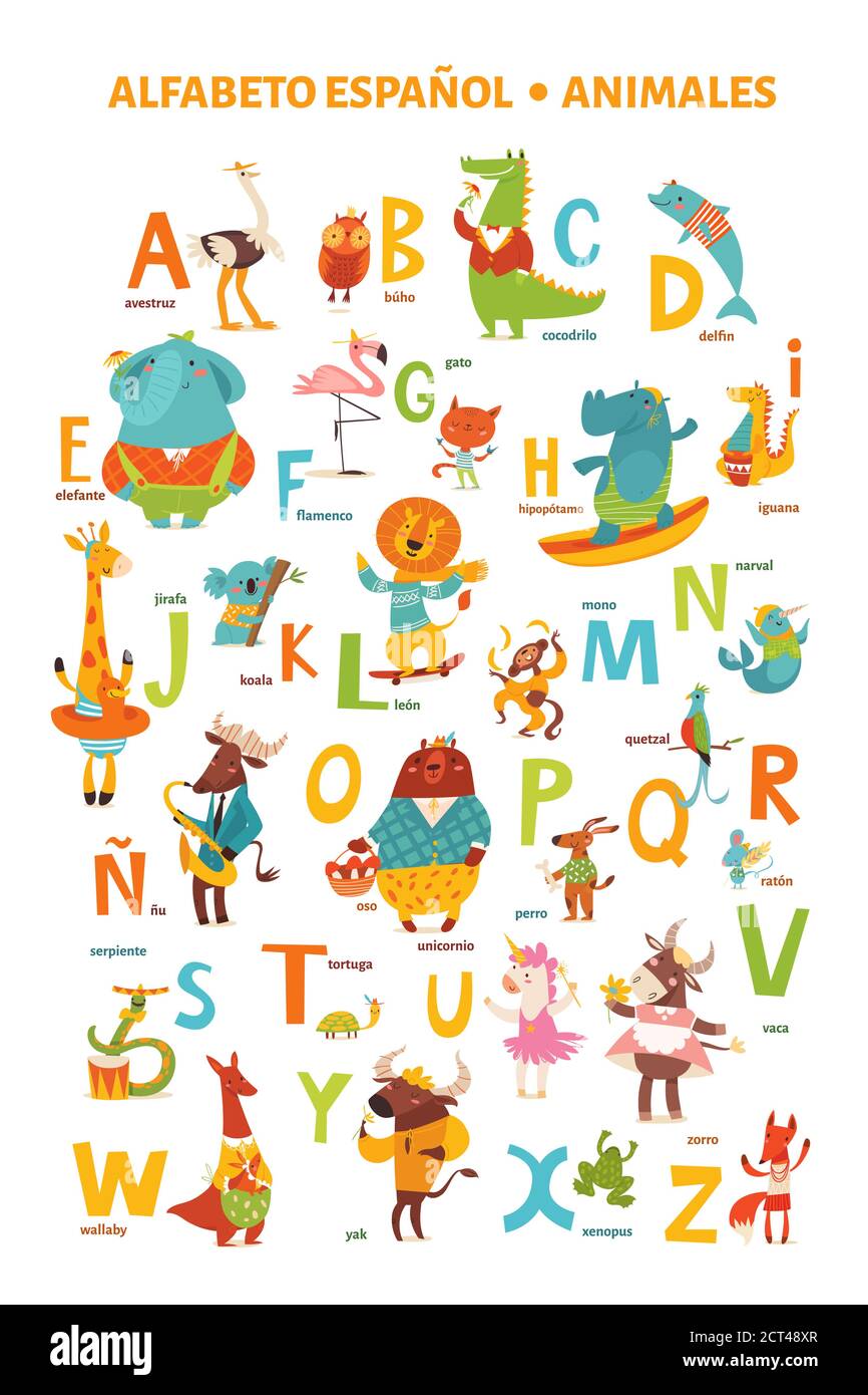 Mot En Espagnol Qui Commence Par K Spanish language alphabet poster with cartoon animals Stock Vector Image & Art - Alamy