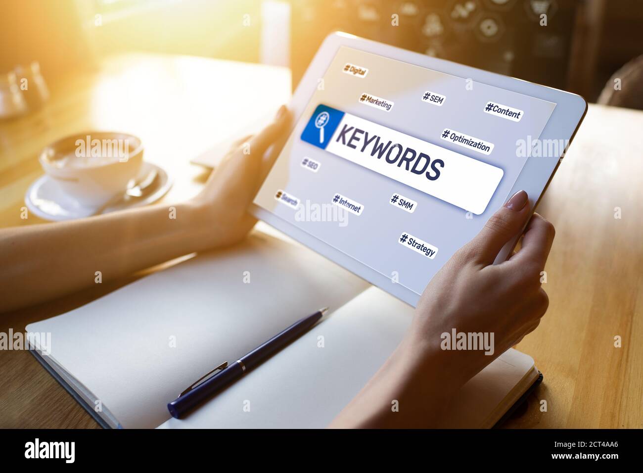 Keywords. SEO, Search engine optimization and internet marketing concept on screen Stock Photo