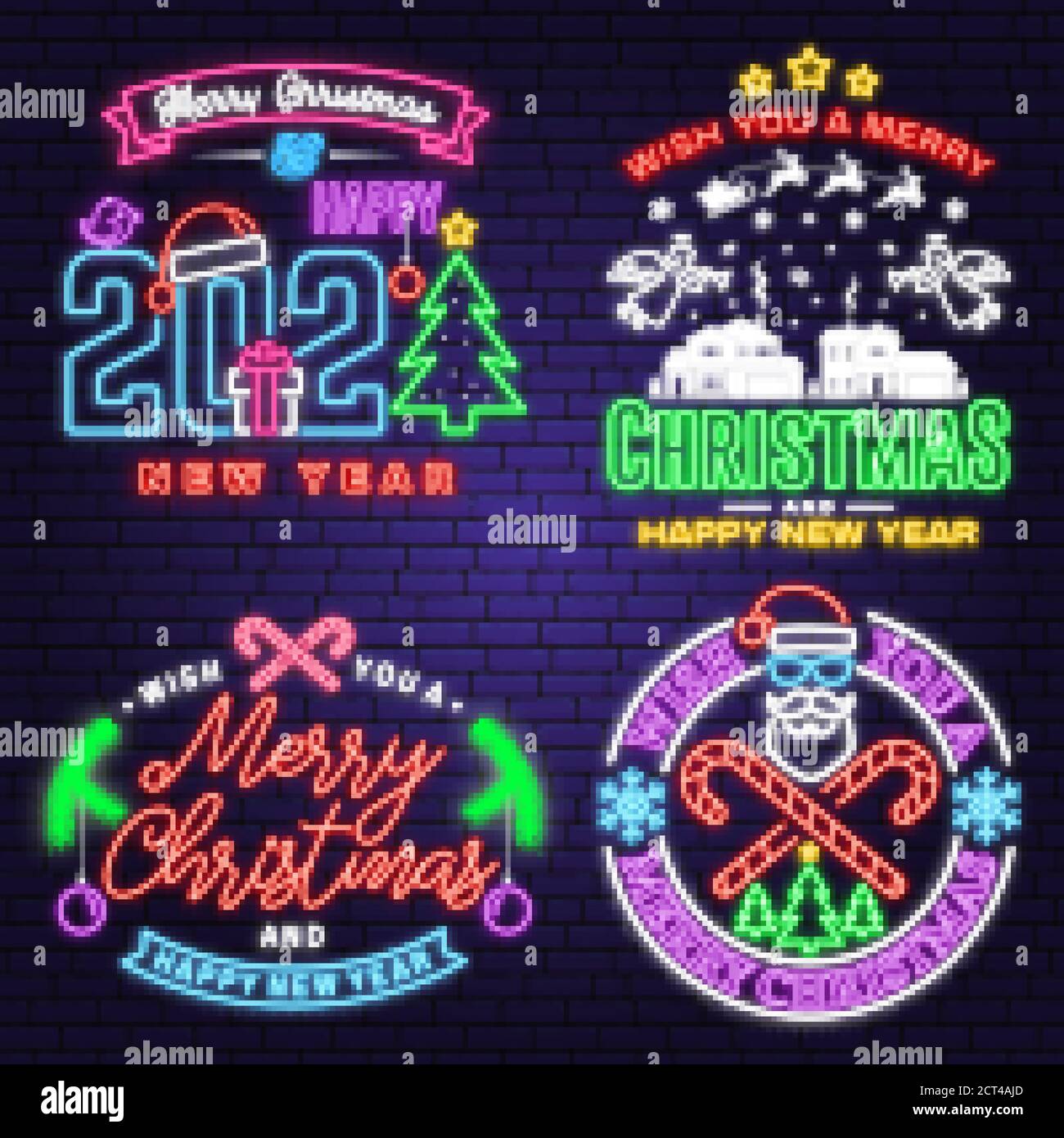 We wish you a very sweet Christmas and Happy New Year neon sign with snowflakes, christmas candy, cookie. Vector. Neon design for xmas, new year emblem, bright signboard, light banner. Night signboard Stock Vector