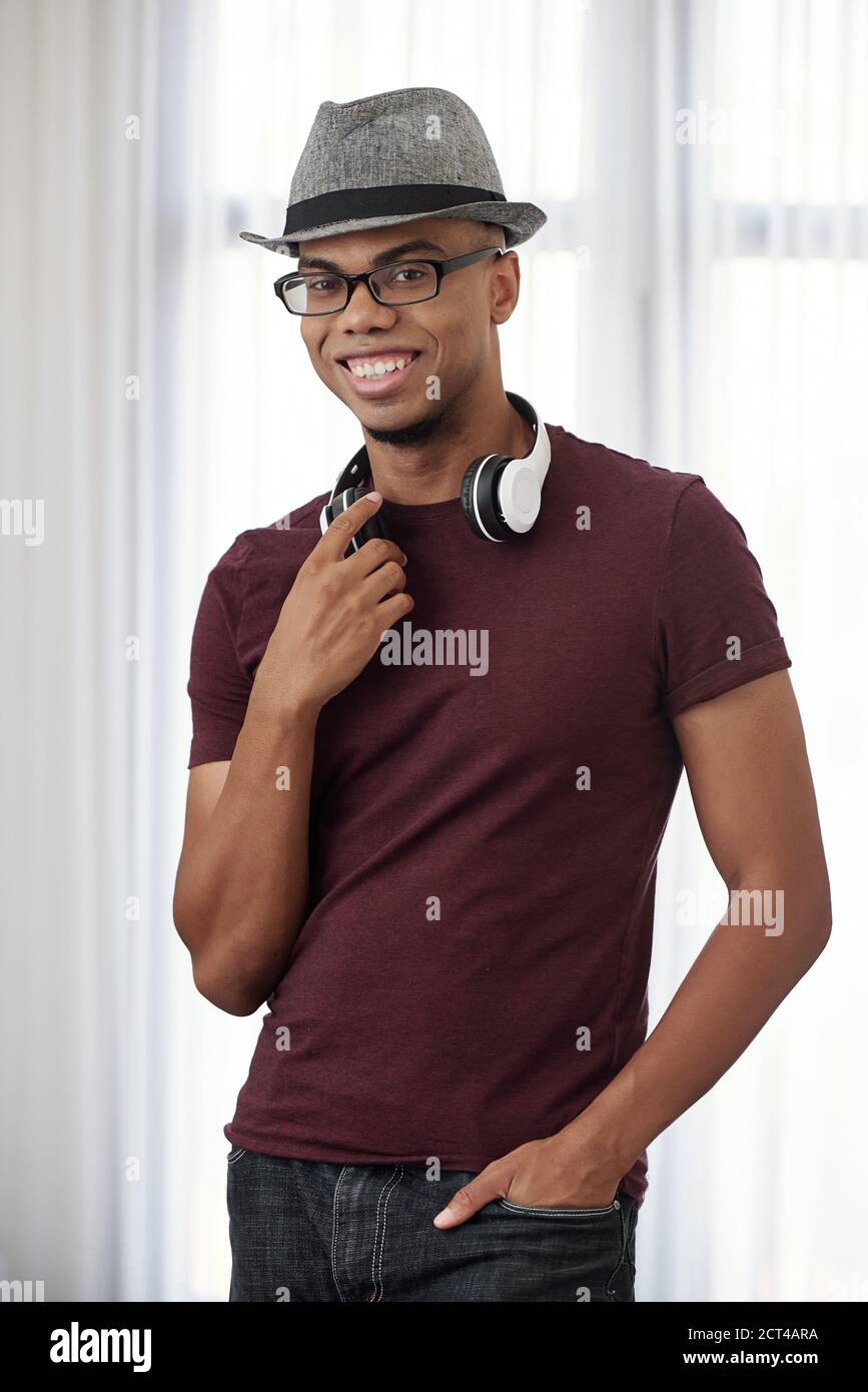Cheerful Black man with headphones Stock Photo