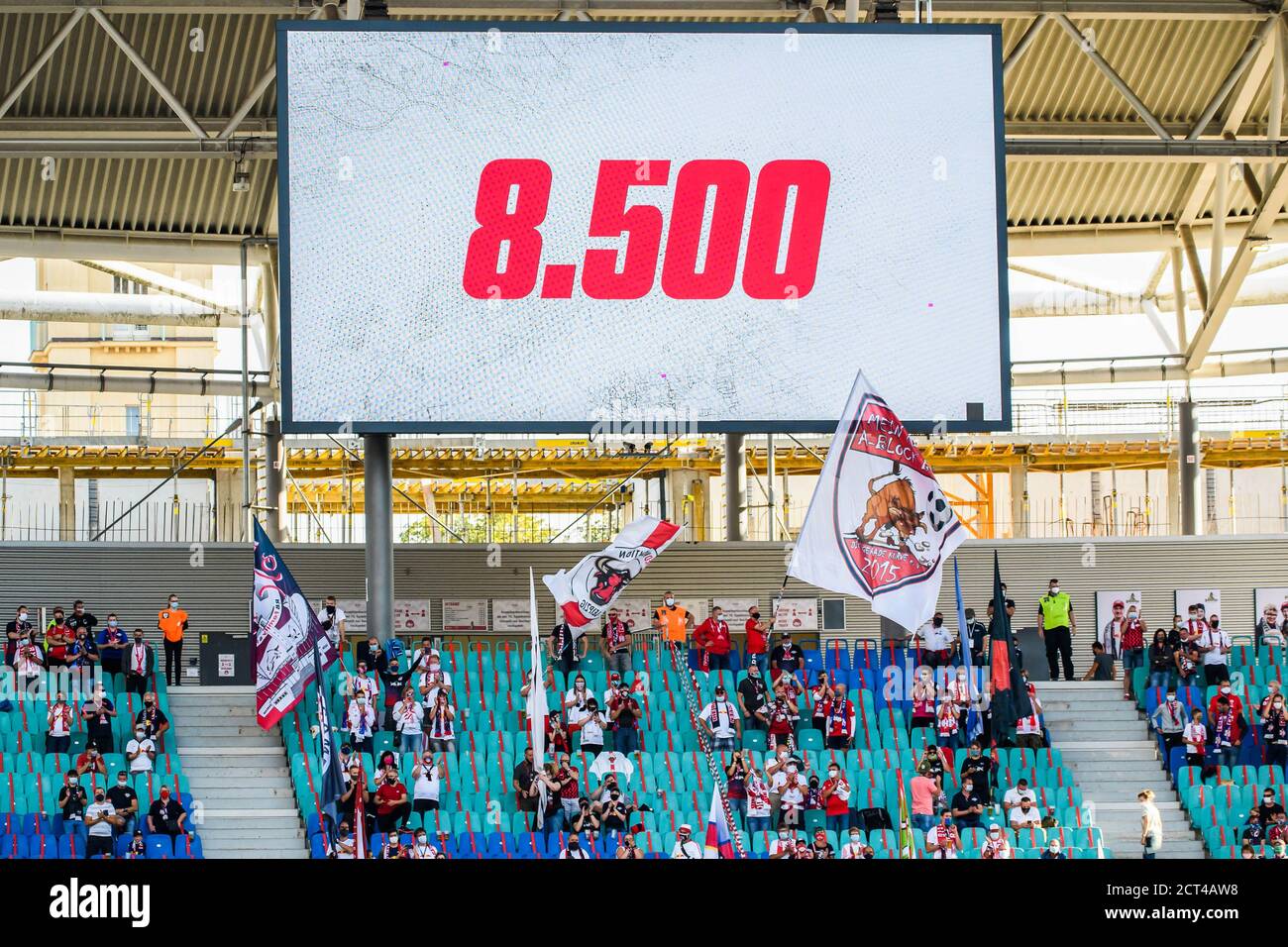 Leipzig, Germany. 20th Sep, 2020. A screen displays a total of 8,500 fans watching the German Bundesliga match between RB Leipzig and 1.FSV Mainz 05 in Leipzig, Germany, Sept. 20, 2020. Credit: Kevin Voigt/Xinhua/Alamy Live News Stock Photo