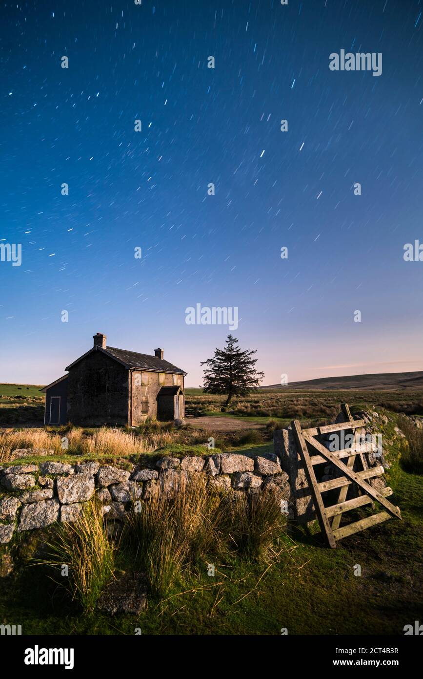 Nuns Cross Farm under stars, Dartmoor National Park, Devon, England, United Kingdom, Europe Stock Photo