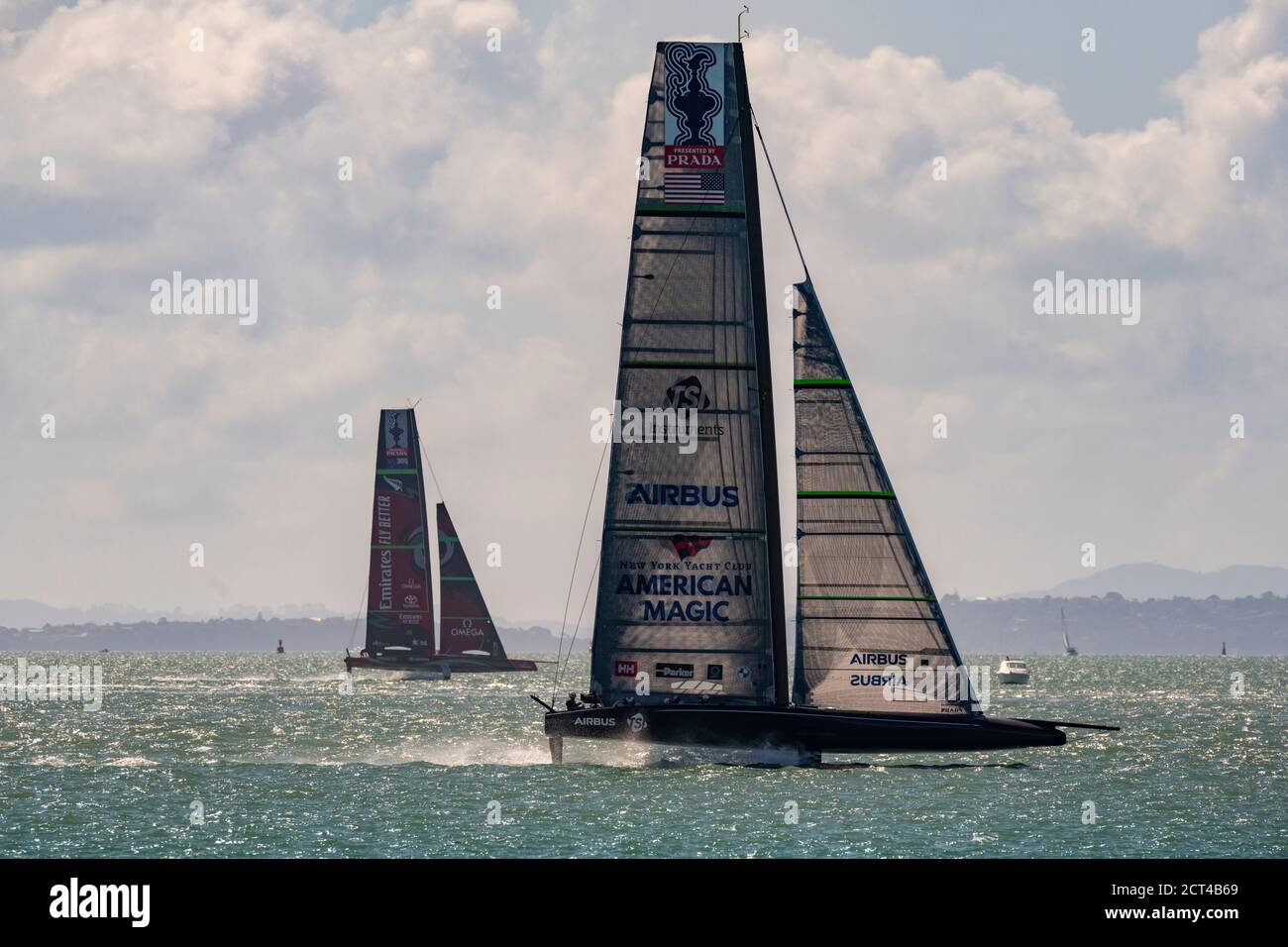 Emirates Team New Zealand and Team American Magic take their first generation AC75s out for a practice session on the America's Cup Waitamata Harbour / Rangitoto Channel race course area. Auckland, New Zealand. 21/9/2020 Stock Photo
