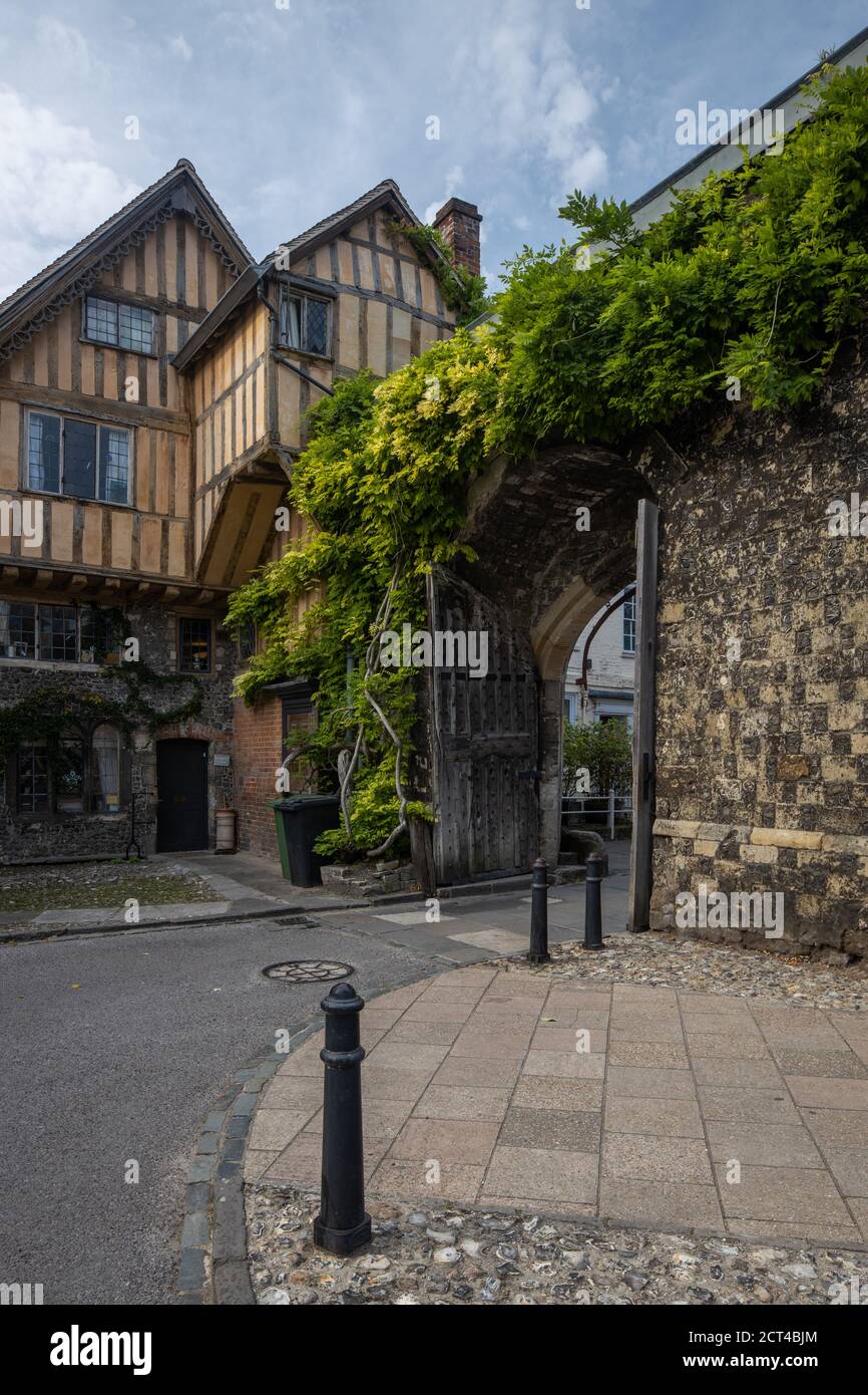 Priory Gate approach to Winchester Cathedral, Winchester, Hampshire, England, UK Stock Photo