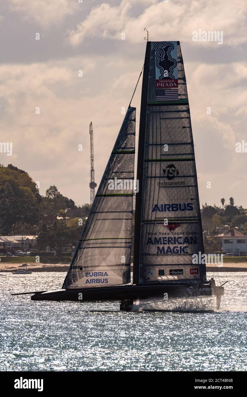 Emirates Team New Zealand and Team American Magic take their first generation AC75s out for a practice session on the America's Cup Waitamata Harbour / Rangitoto Channel race course area. Auckland, New Zealand. 21/9/2020 Stock Photo
