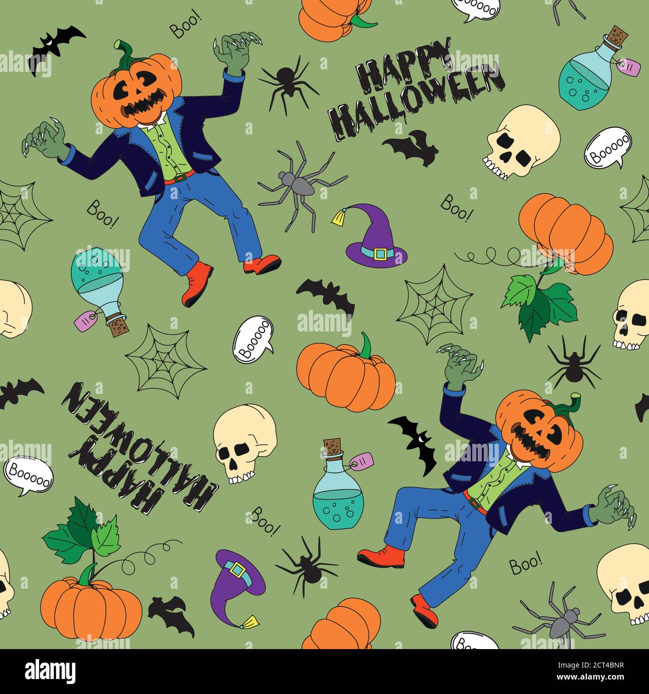 Vector seamless pattern for Halloween. Pumpkin, ghost, bat, candy, and other items on Halloween theme. Bright cartoon pattern for Halloween Stock Vector
