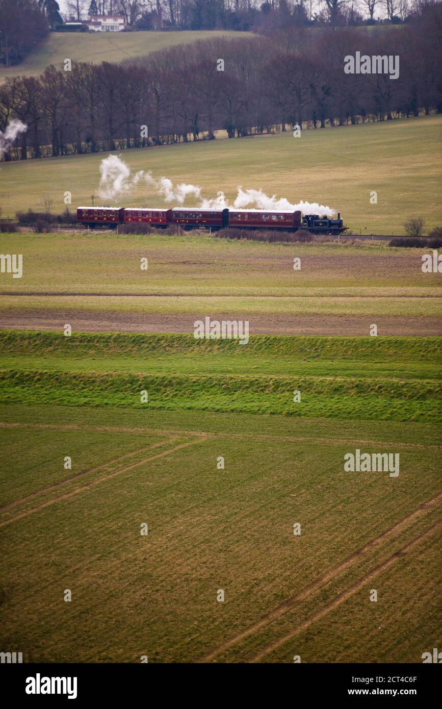 Kent and East Sussex Railway steam train seen from Bodiam Castle, East Sussex, England, United Kingdom, Europe Stock Photo