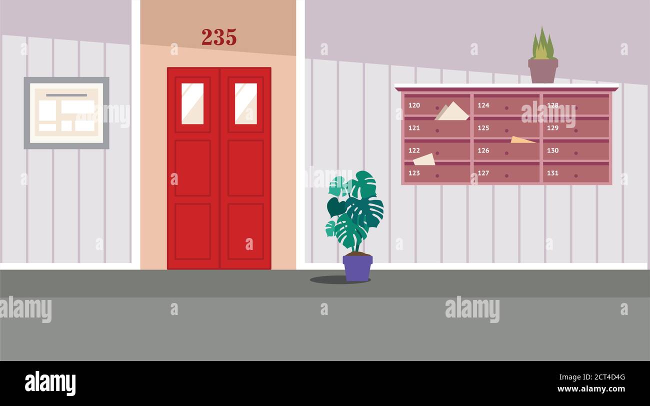 Vector residential corridor with window, door and stairs. Interior of the 1st floor. Vector illustration for background Stock Vector