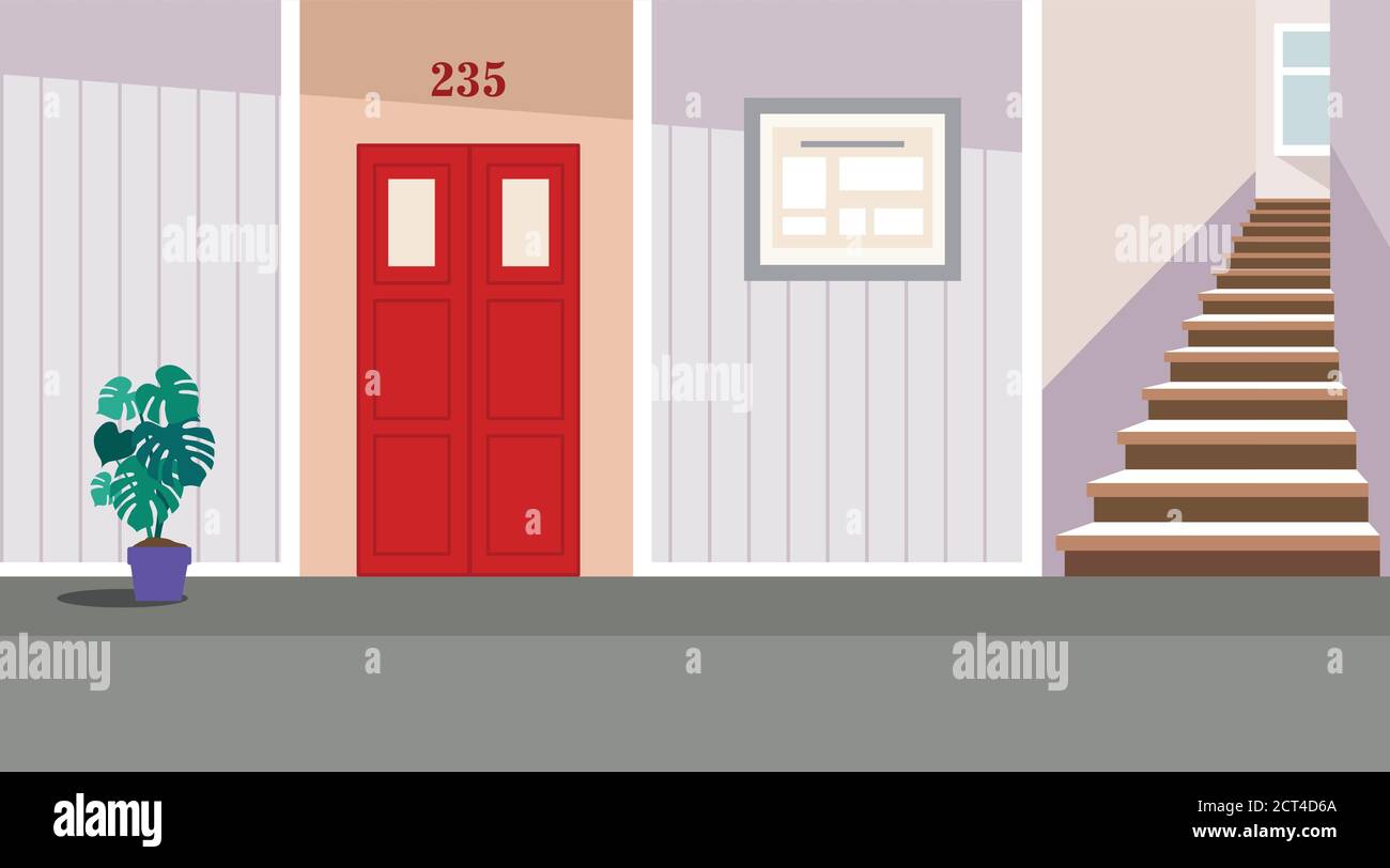 Vector residential corridor with window, door and stairs. Interior of the 1st floor. Vector illustration for background Stock Vector