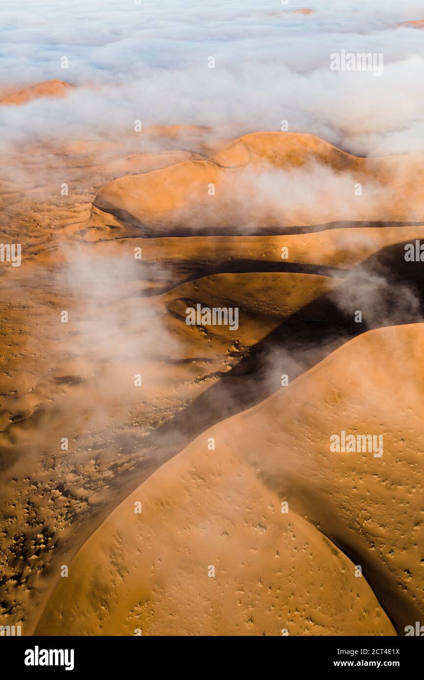 Fog sits on top of the oxide rich dunes of the great sand sea in Namibia. Stock Photo