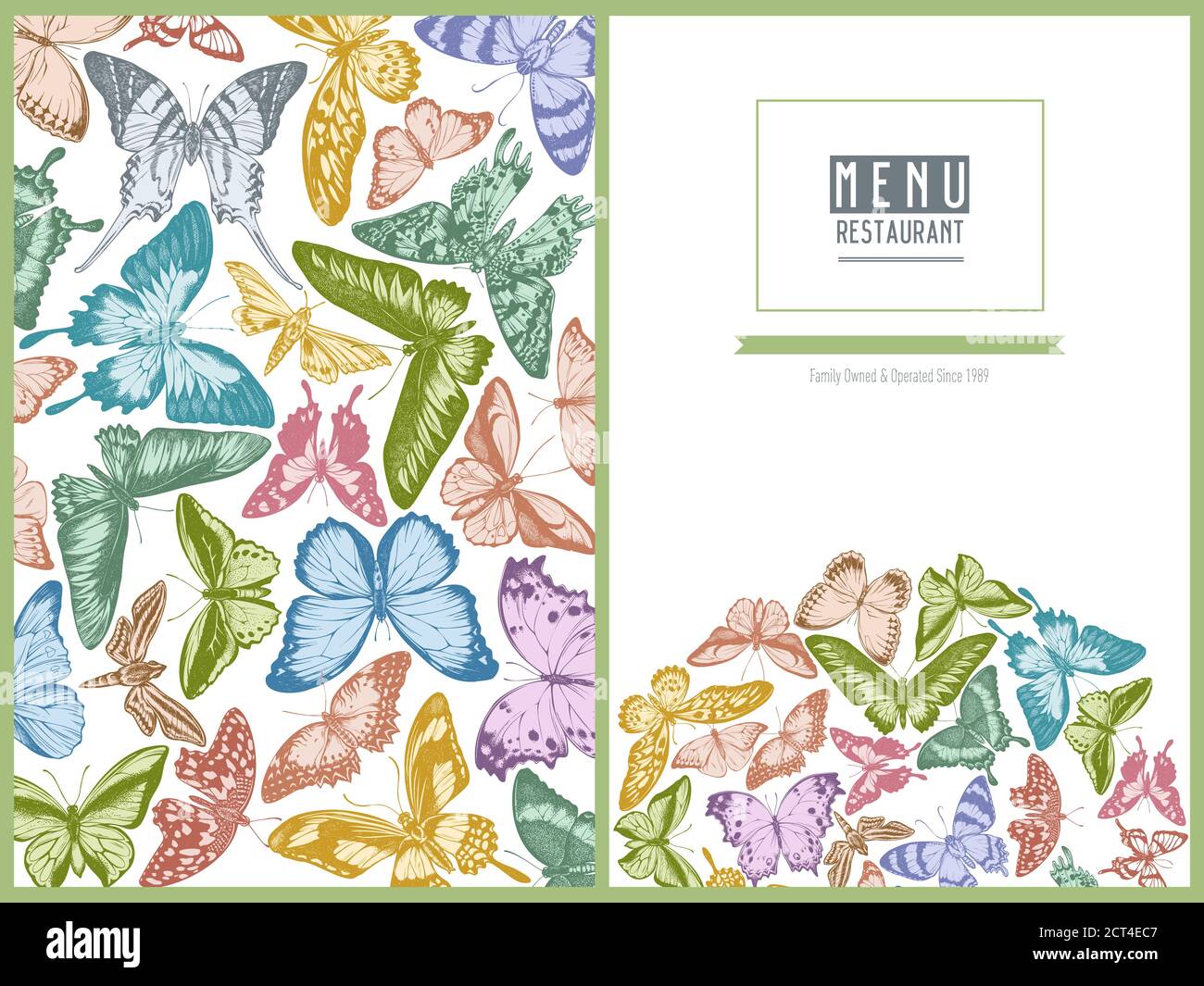 Menu cover design with pastel great orange-tip, emerald swallowtail, jungle queens, plain tiger, rajah brooke's birdwing, papilio torquatus Stock Vector