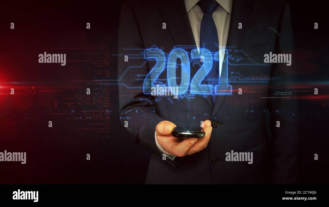 2021 year, new cyber design concept. Futuristic abstract 3d rendering illustration. Stock Photo