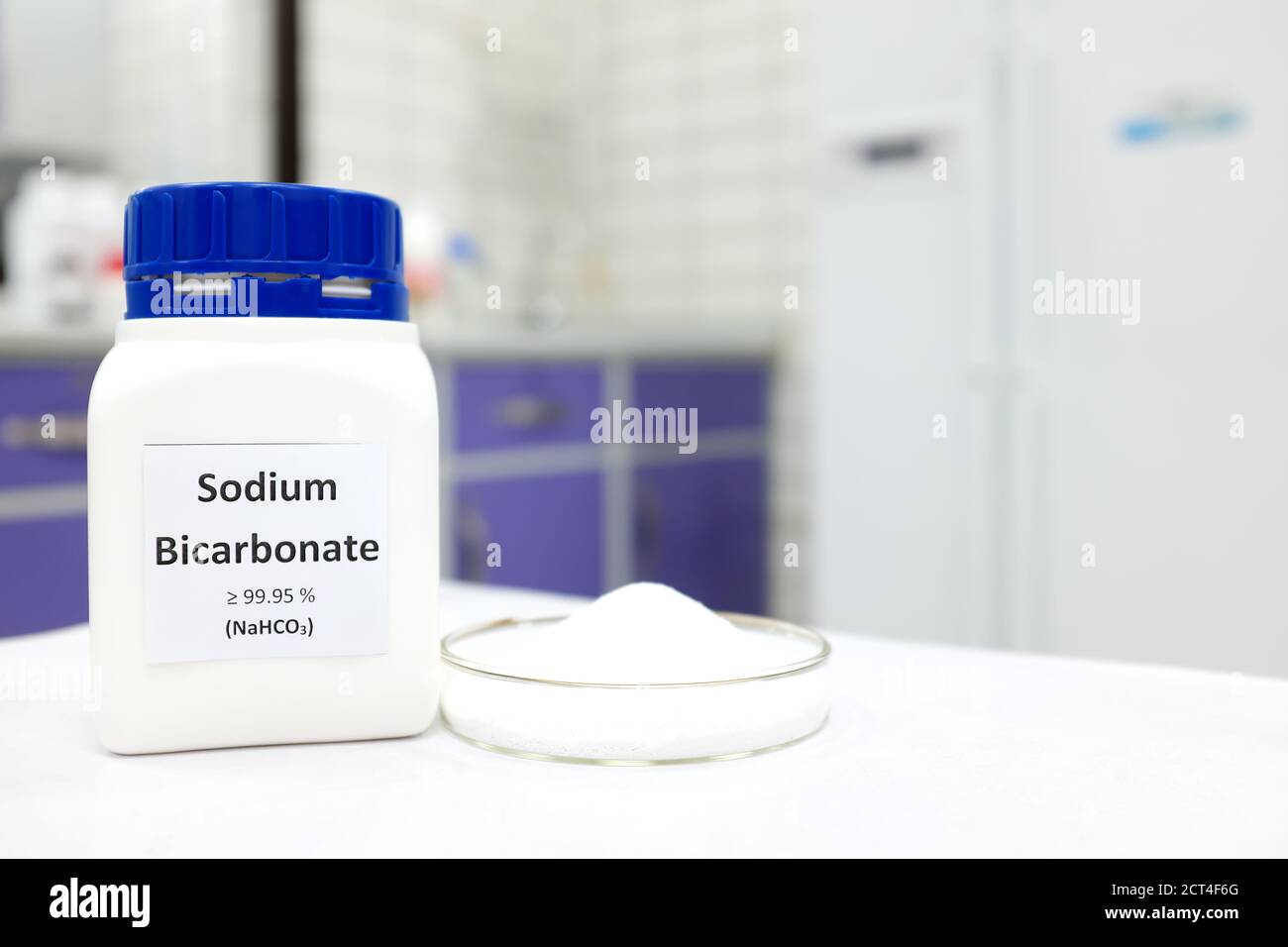 Selective focus of a bottle of sodium bicarbonate chemical compound or