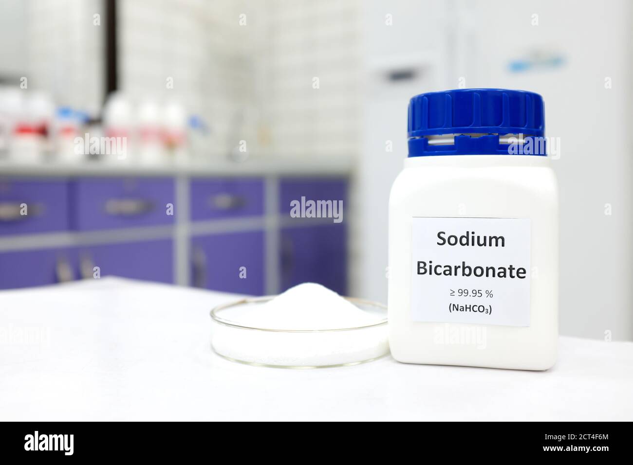 Selective focus of a bottle of sodium bicarbonate chemical compound or
