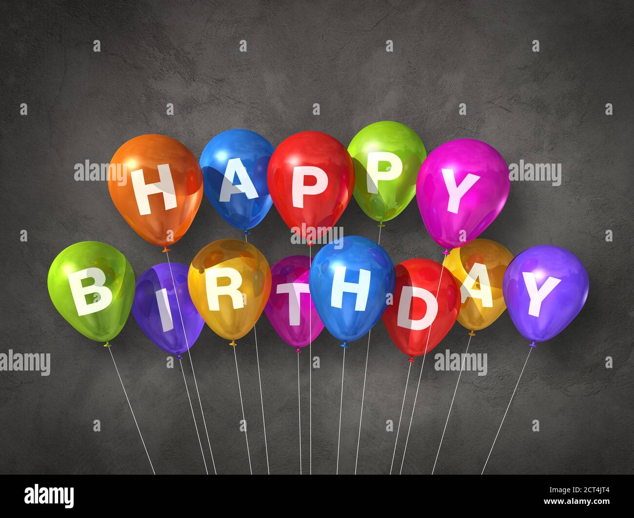 Colorful happy birthday air balloons on a concrete background. 3D ...