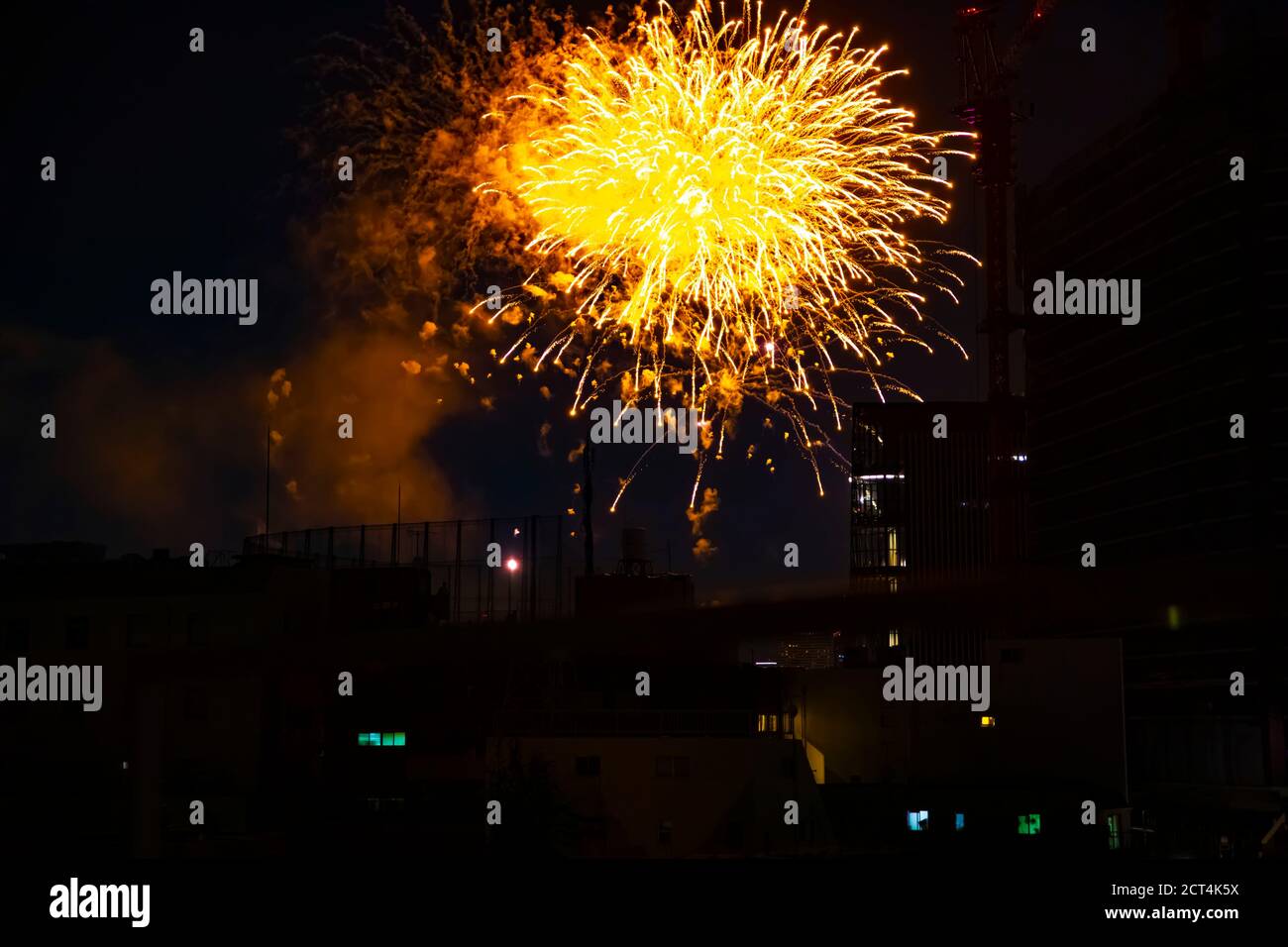 Fireworks near the building at the urban city in Tokyo at summer night Stock Photo