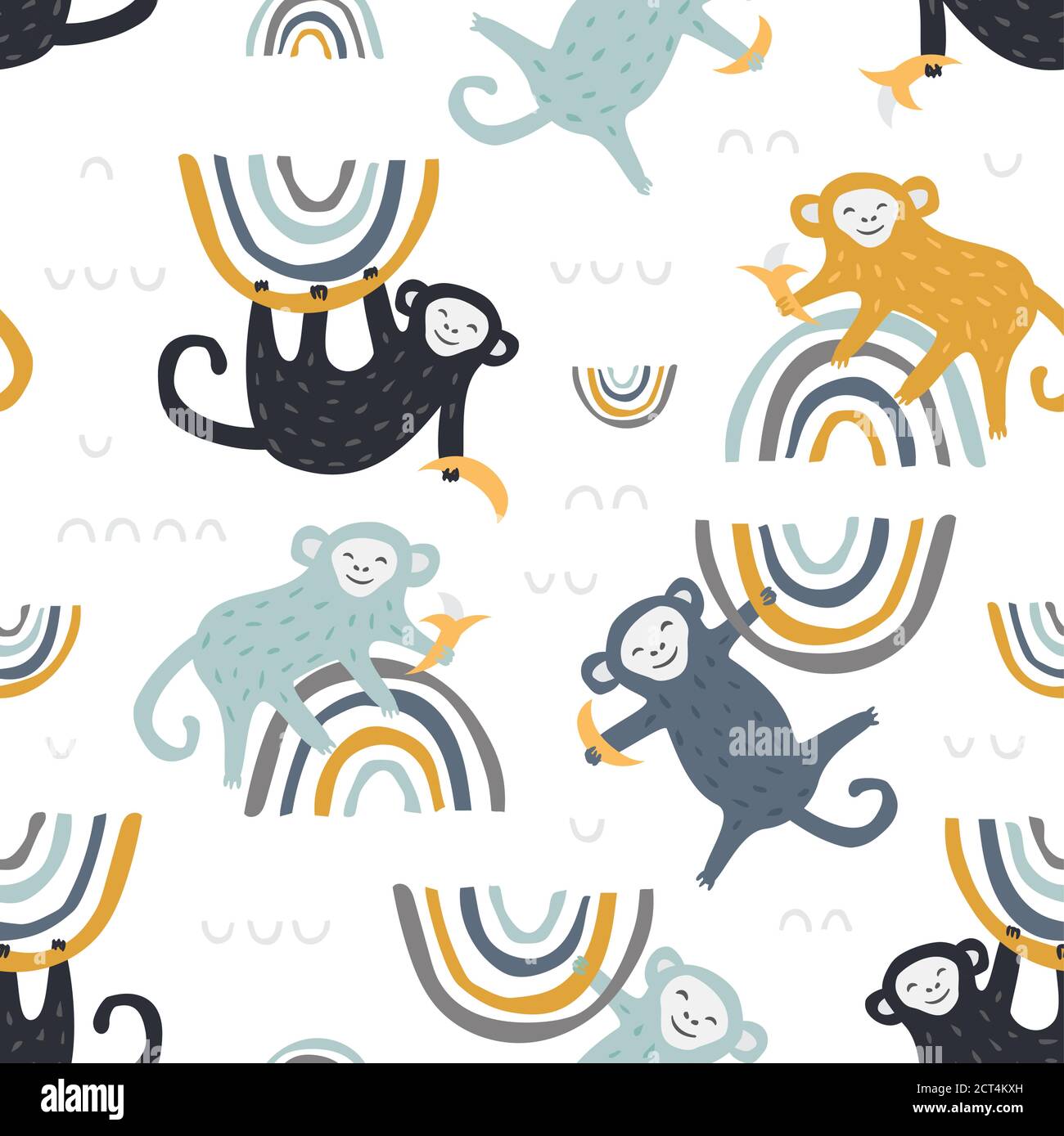 Childish seamless pattern with cute monkey and rainbow. Creative texture for fabric and textile Stock Vector