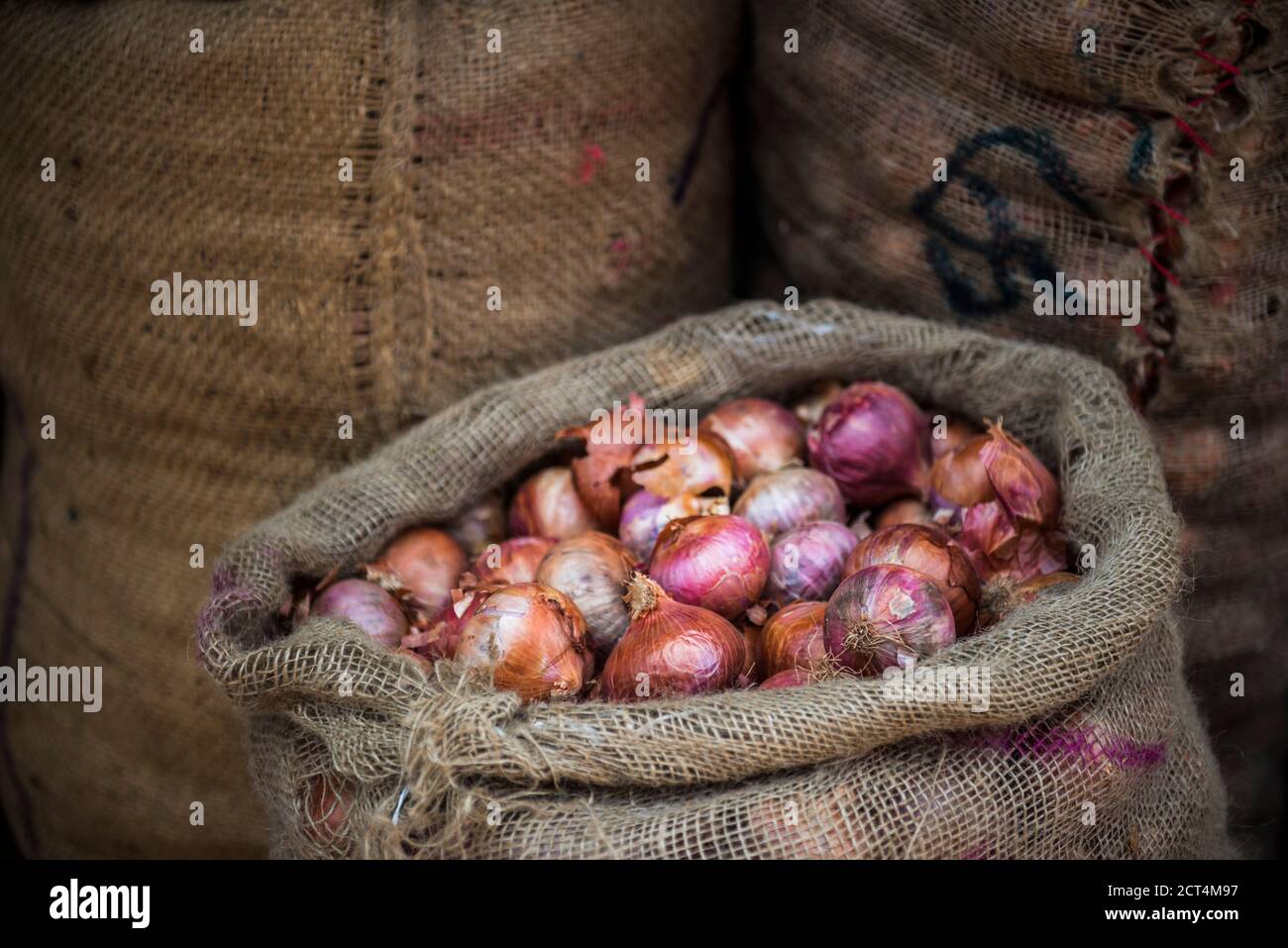 Onions for sale at a spice market in Fort Kochi (Cochin), Kerala, India