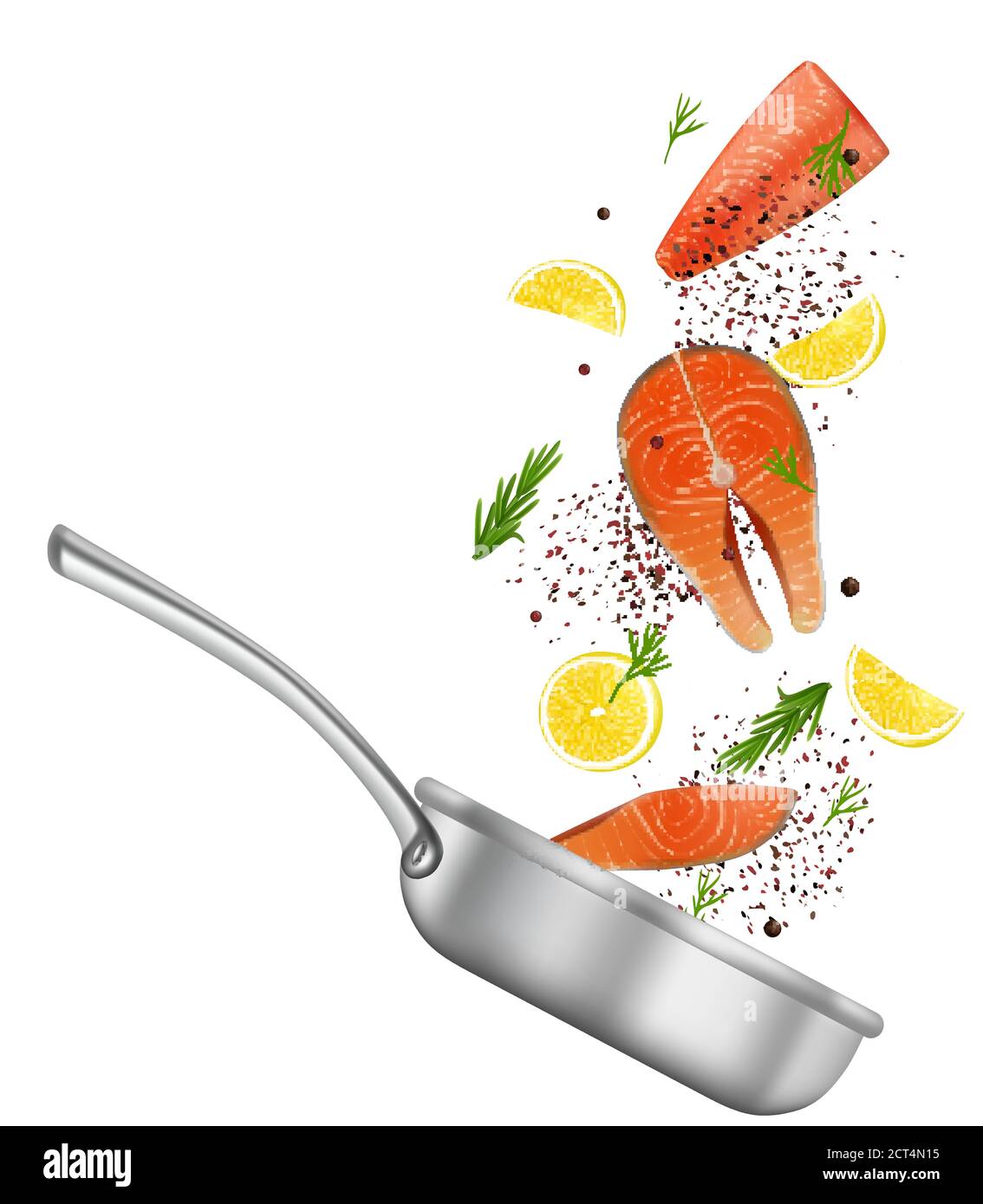 Salmon red fish steaks and pan, vector realistic illustration Stock ...