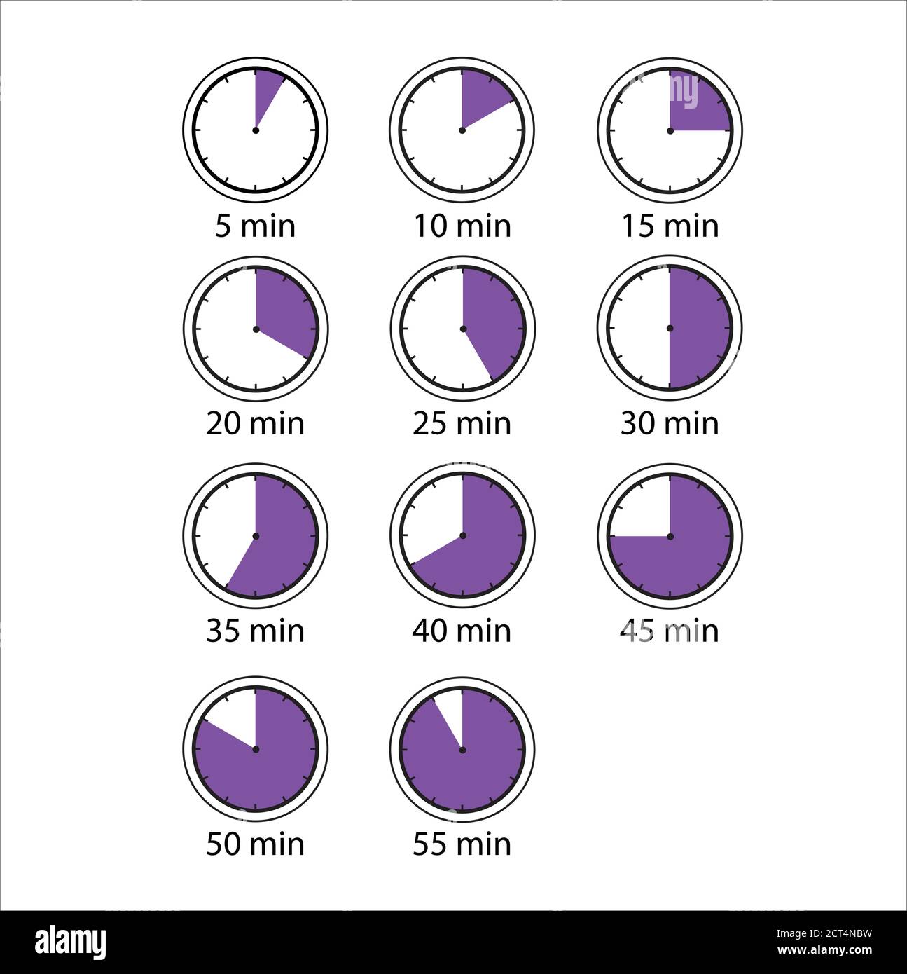 Time and Clock icons. A simple set of different vector icons. Contains icons such as a timer for 5 minutes, 30 minutes, 45 minutes, and others Stock Vector
