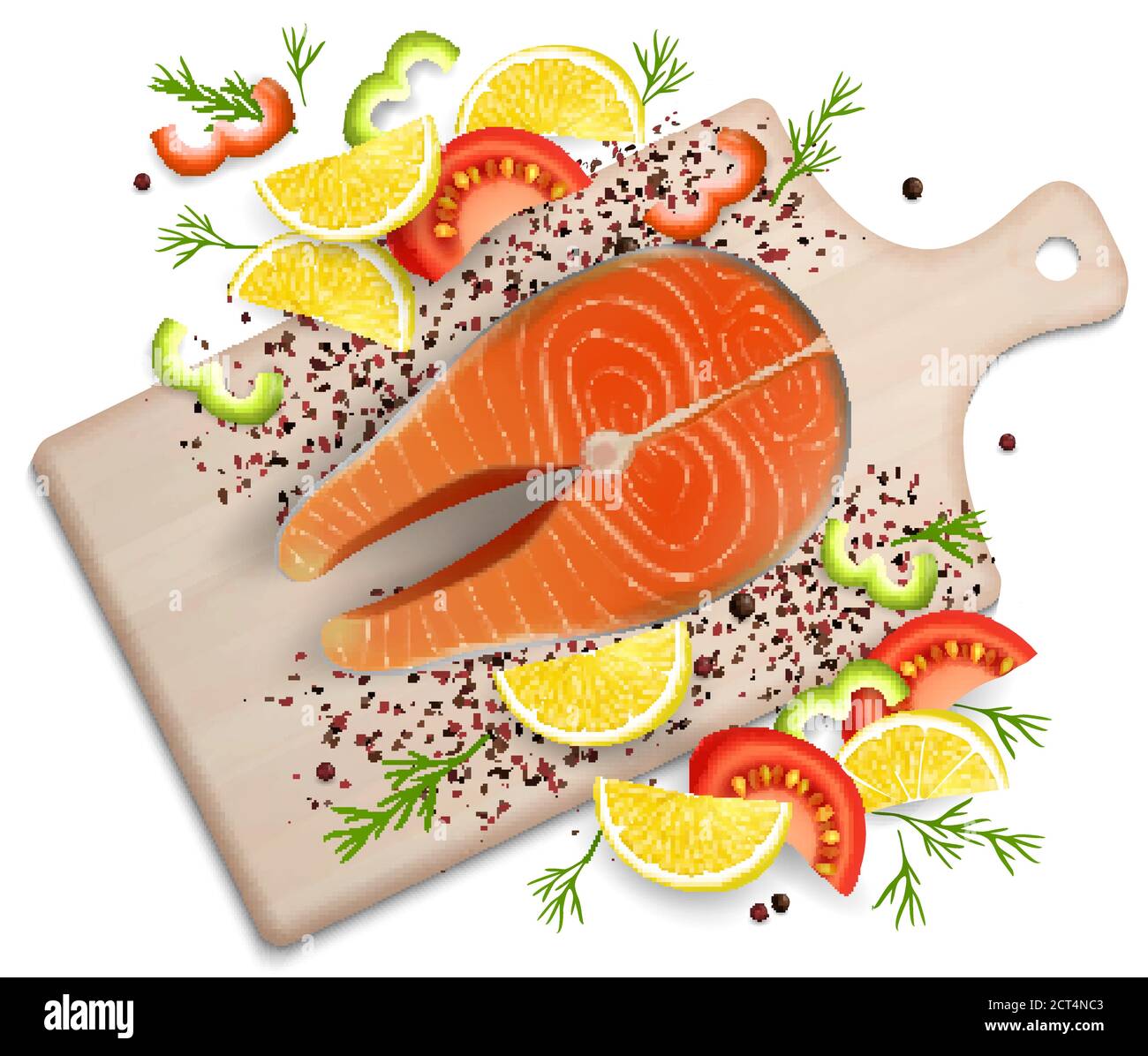 Salmon fish steak on cutting board, vector realistic illustration Stock ...