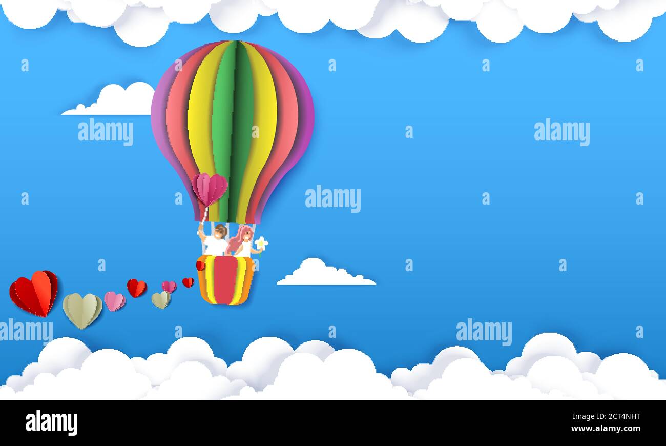 Happy couple in hot air balloon, vector paper cut illustration Stock ...