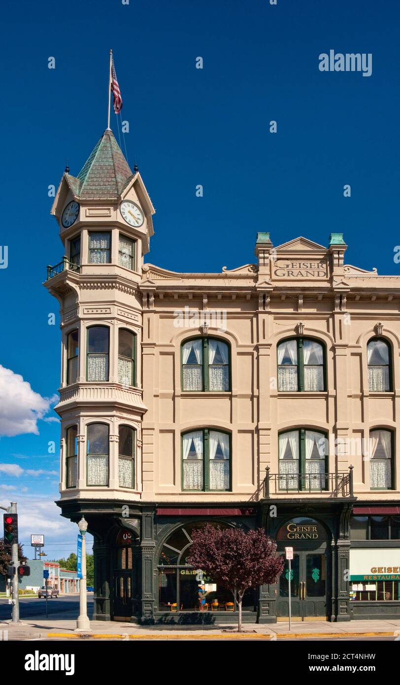 Corner turret and clock tower at Geiser Grand Hotel in Baker City