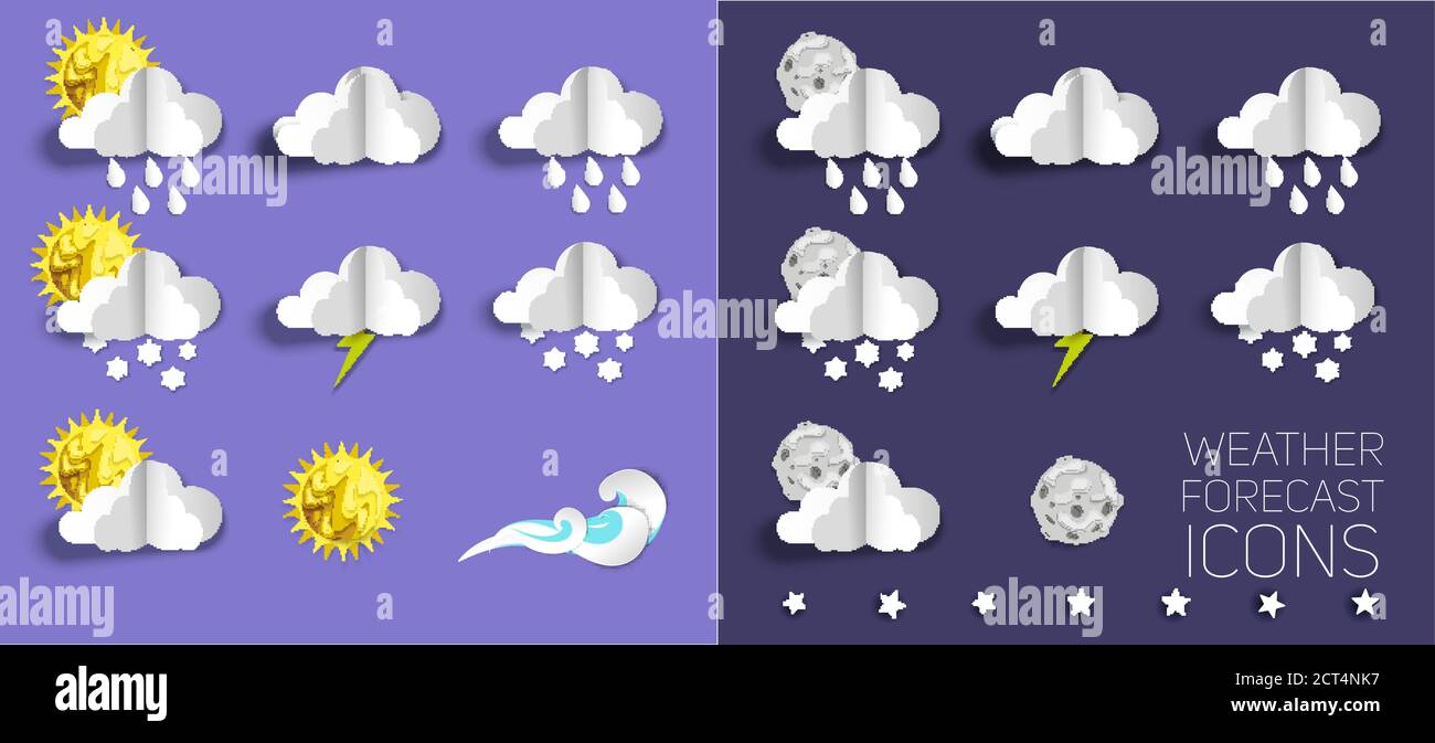 Weather forecast icon set, vector illustration in paper art style Stock ...