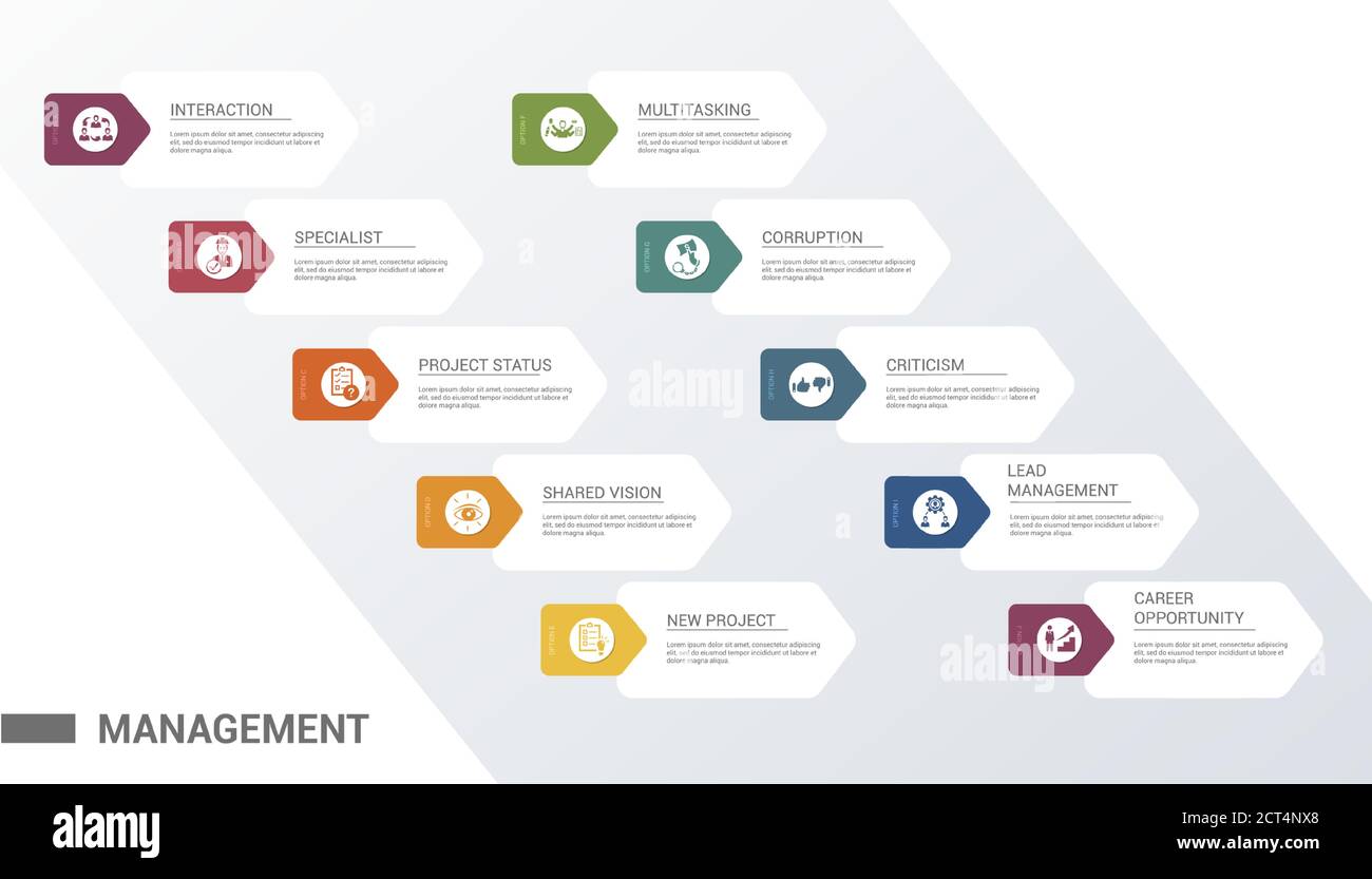 Infographic Management template. Icons in different colors. Include ...