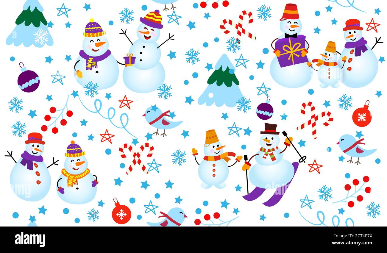 Winter pattern with snowmen, tree and gifts. Snowman on ski in winter forest on white background. Vector Seamless pattern. Stock Vector