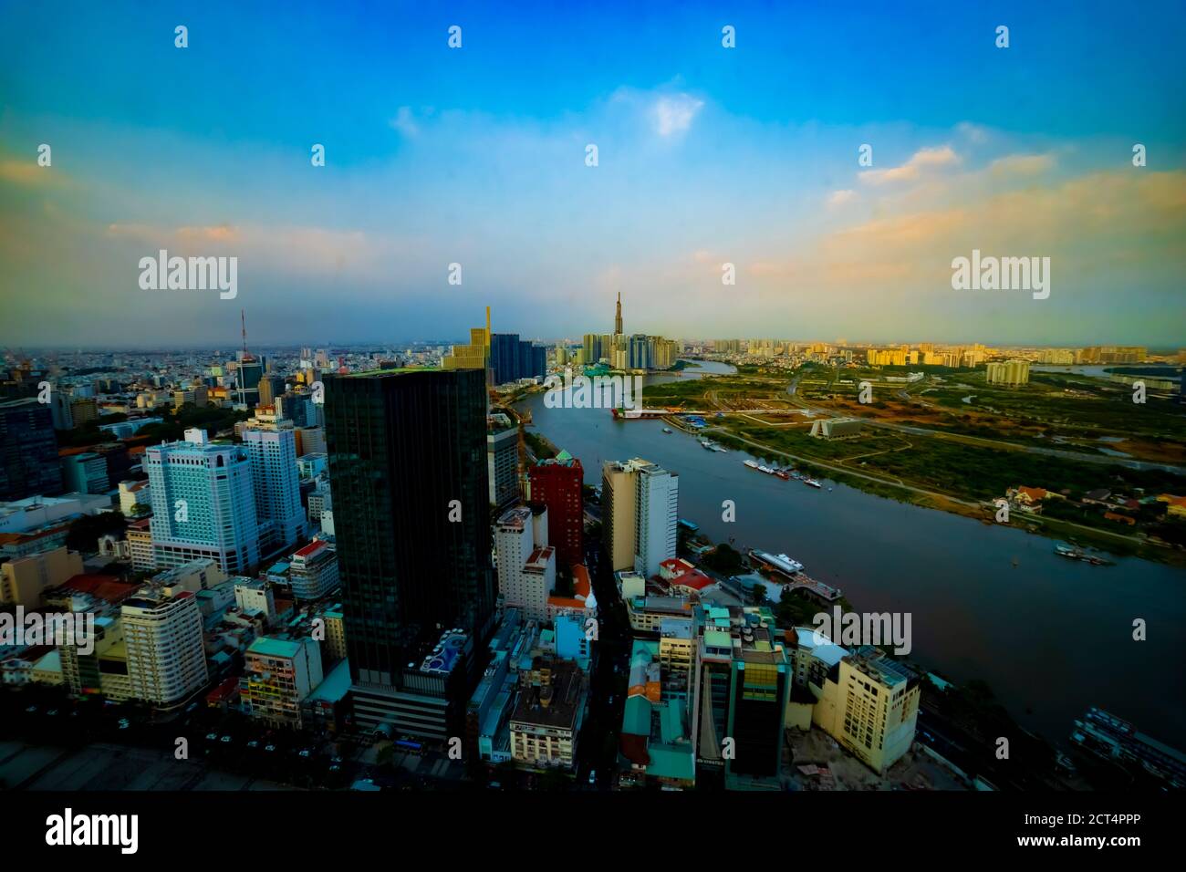 A dusk panoramic cityscape near Saigon river in Ho Chi Minh high angle Stock Photo