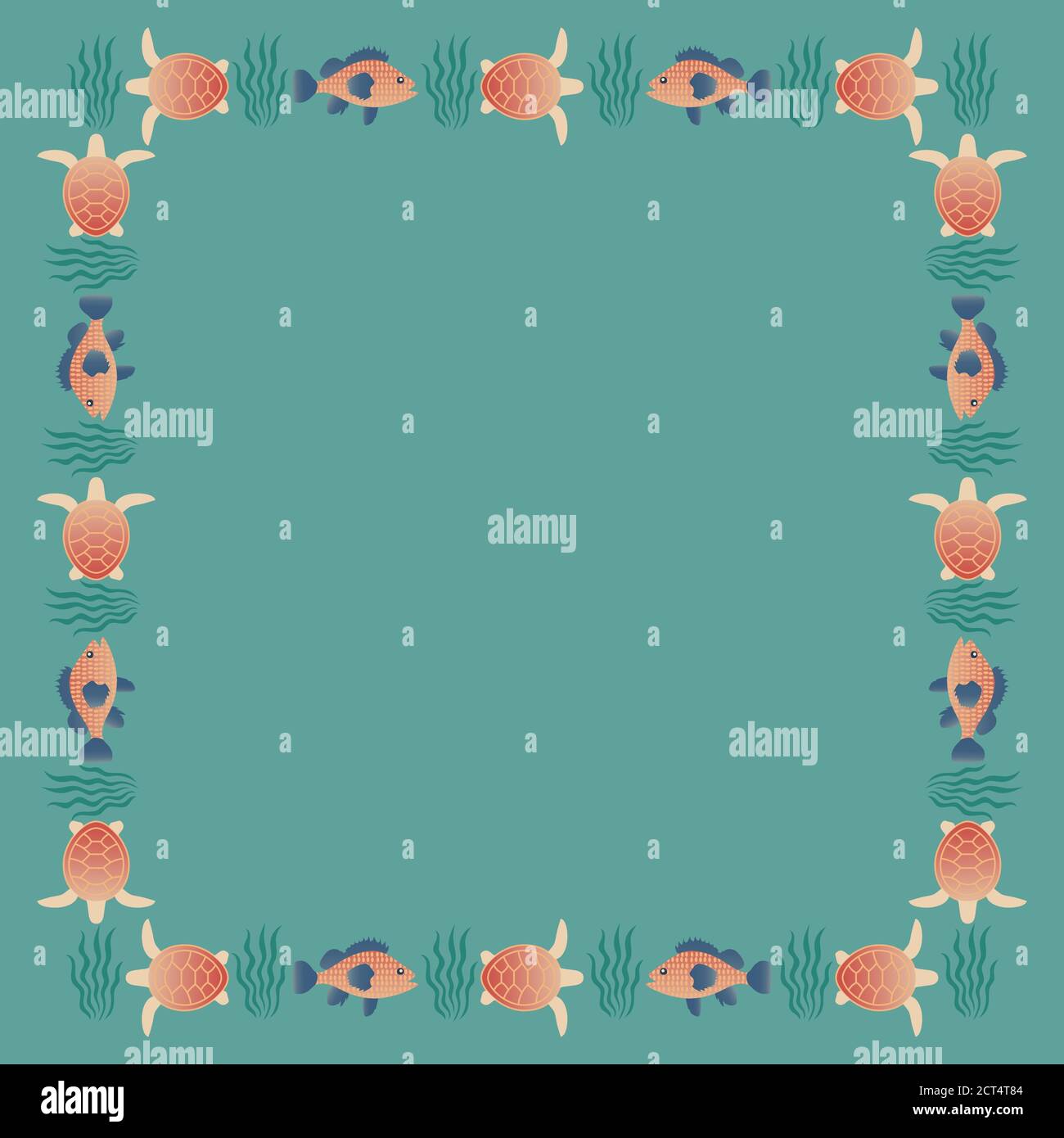 Square frame with fish and turtles swimming in the sea. Marine life background. Vector EPS10. Stock Vector