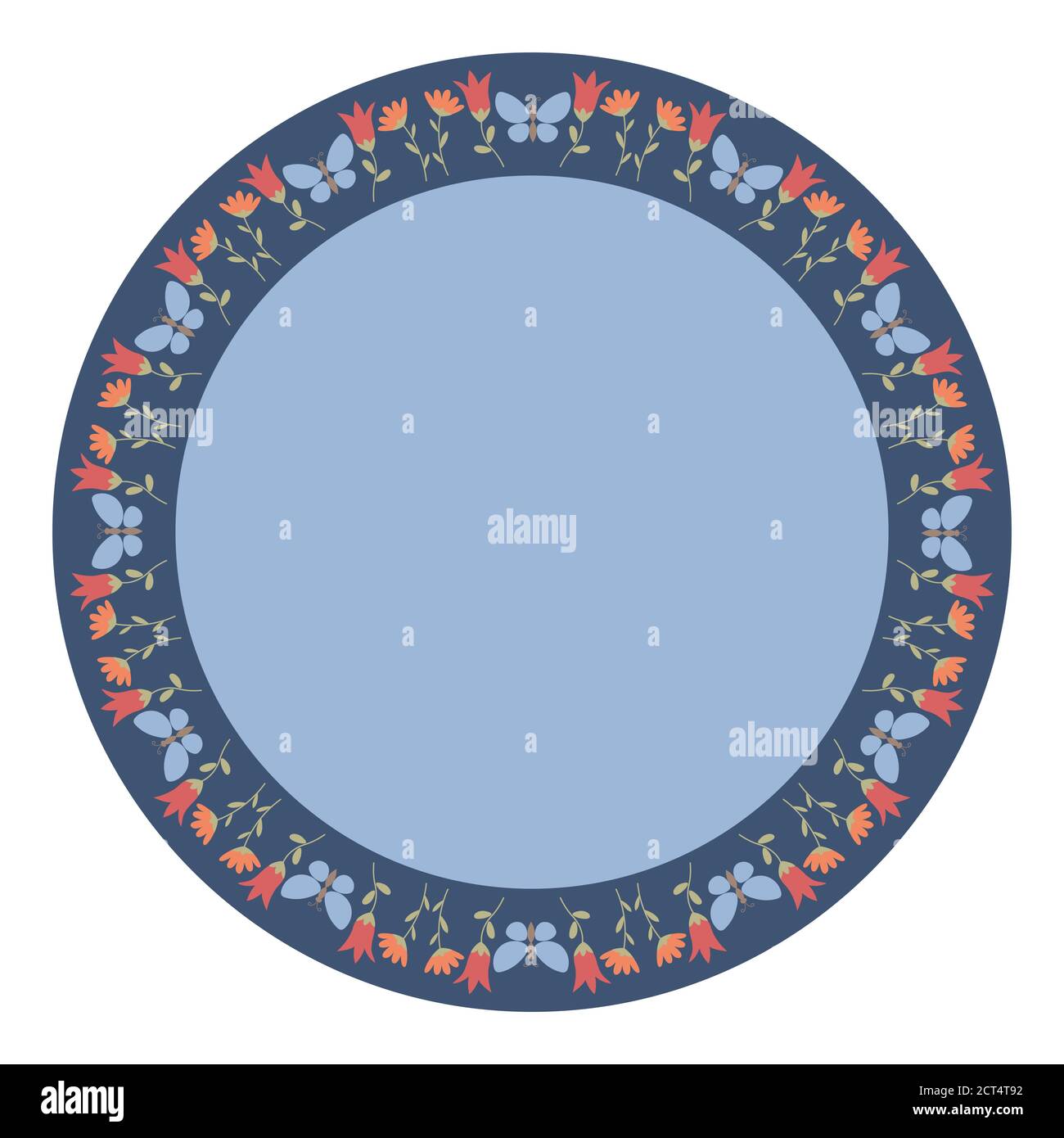 Decorative plate with round ornament. Circular floral frame with wildflowers and butterflies. Vector EPS 10 Stock Vector