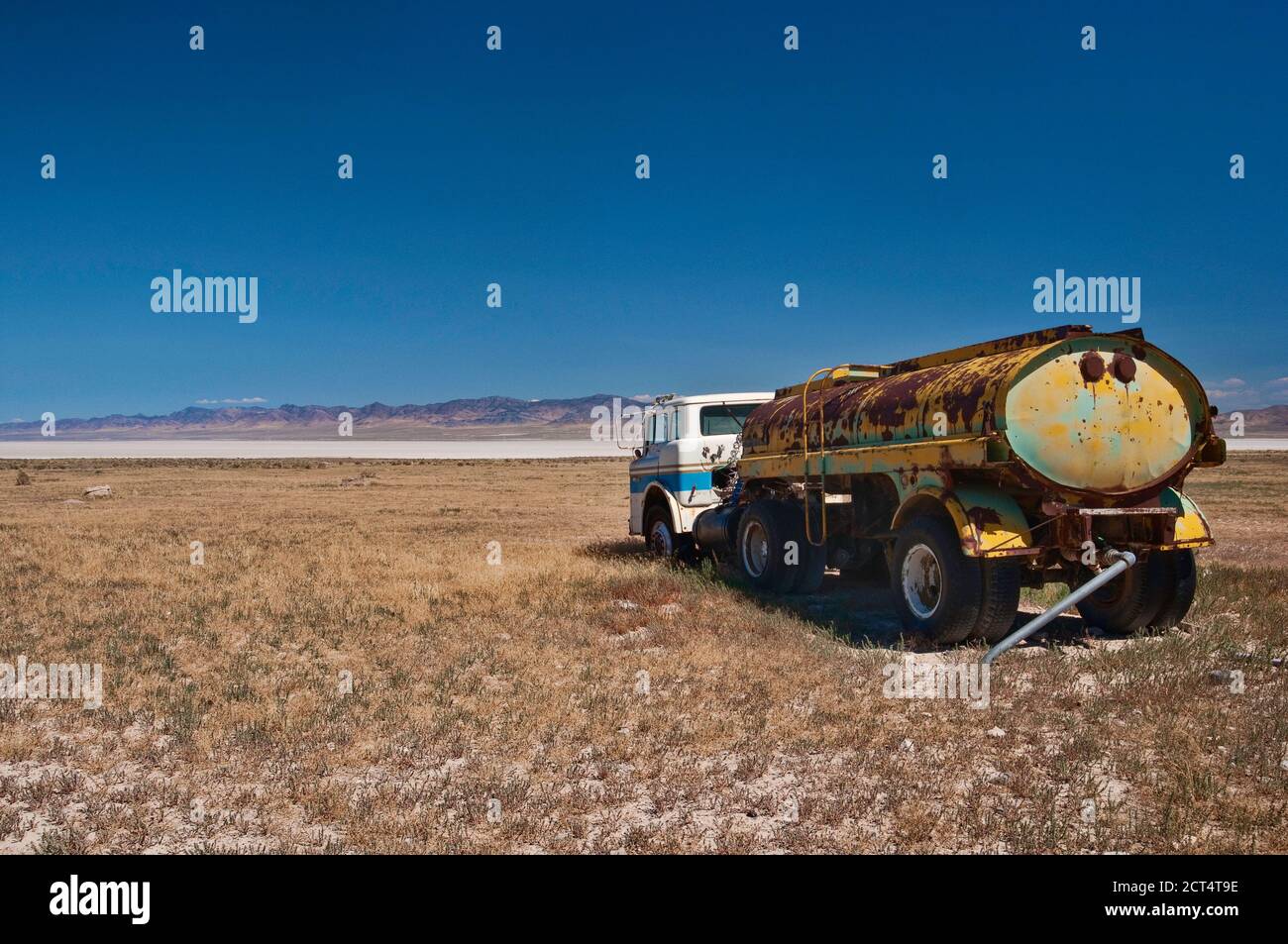 Abandoned water tank track at Sevier Lake, dry lake in Great Basin Desert, Utah, USA Stock Photo