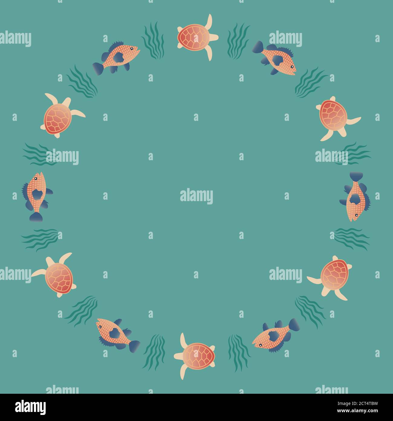 Round frame with fish and turtles swimming in the sea. Marine life background. Vector EPS10. Stock Vector