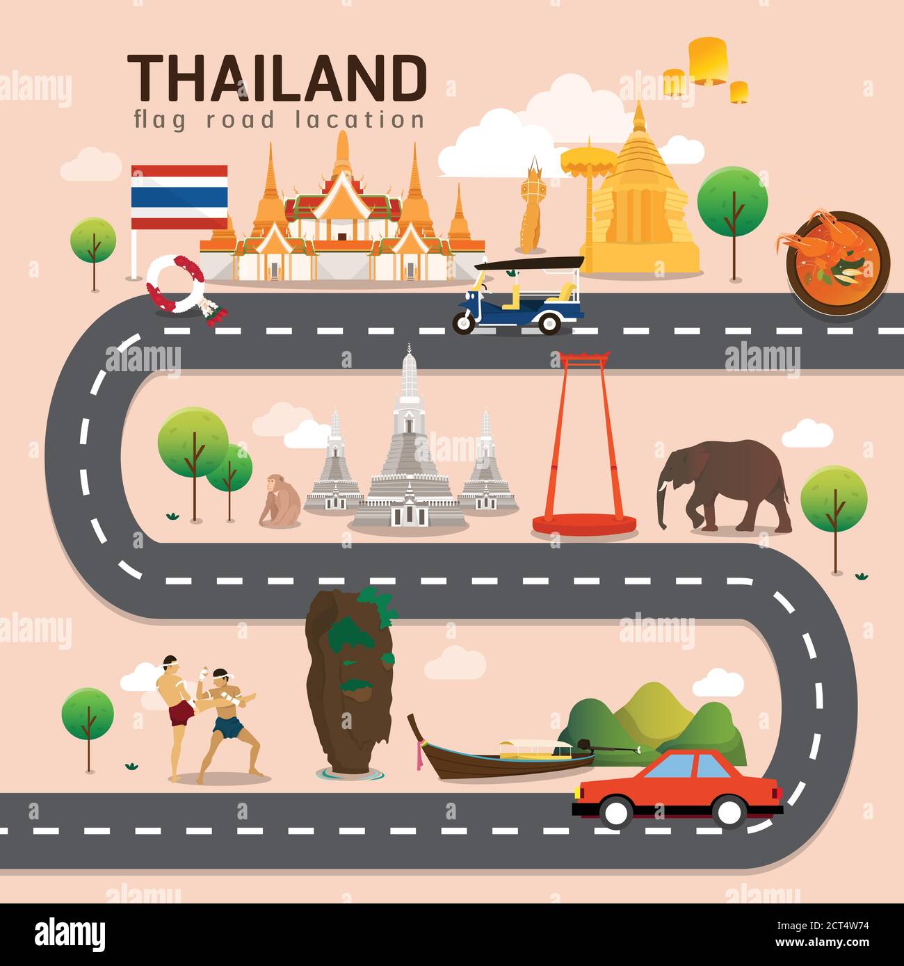 Road map and journey route in Thailand Stock Vector