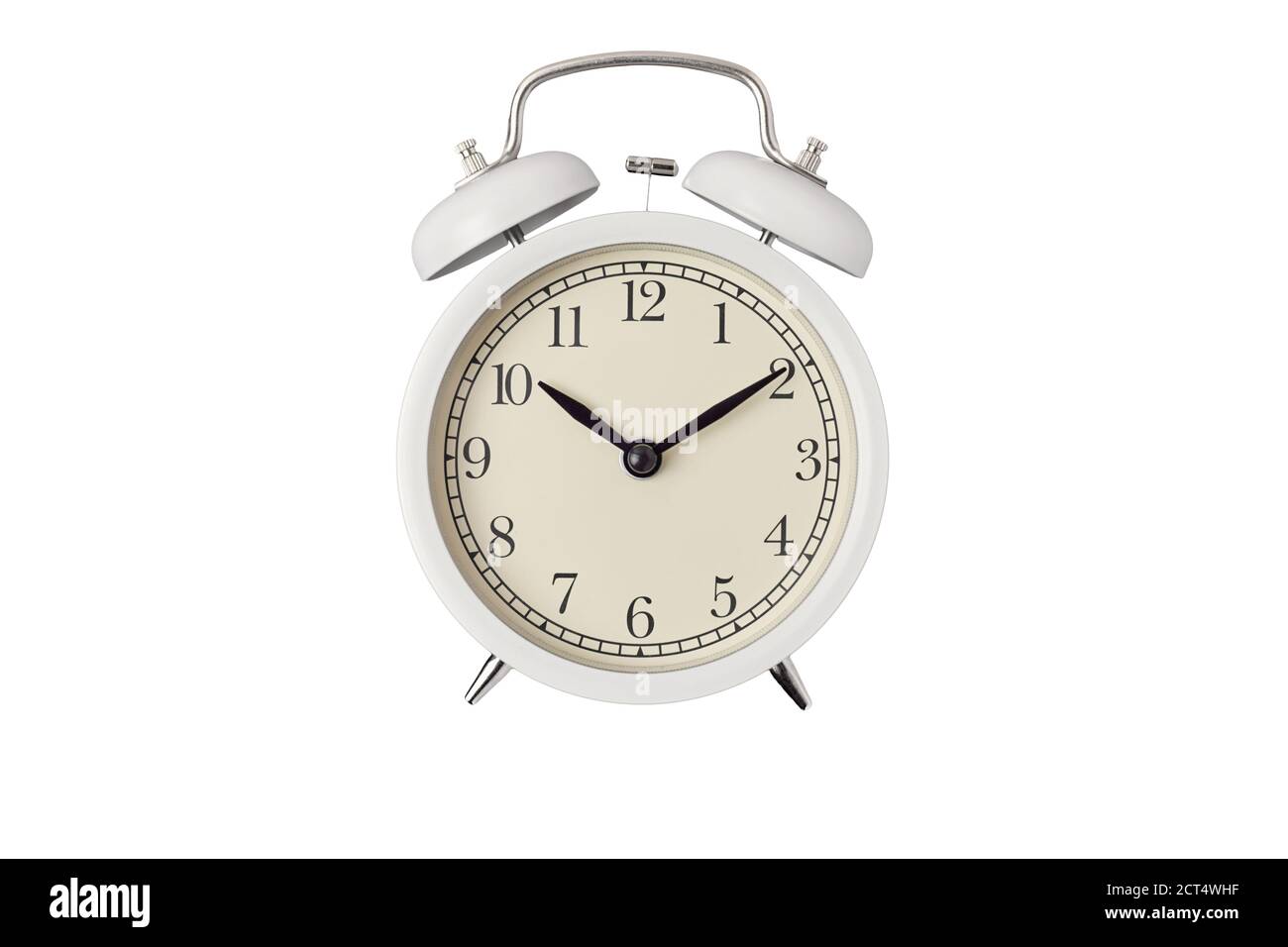 White vintage alarm clock on white background isolated Stock Photo - Alamy