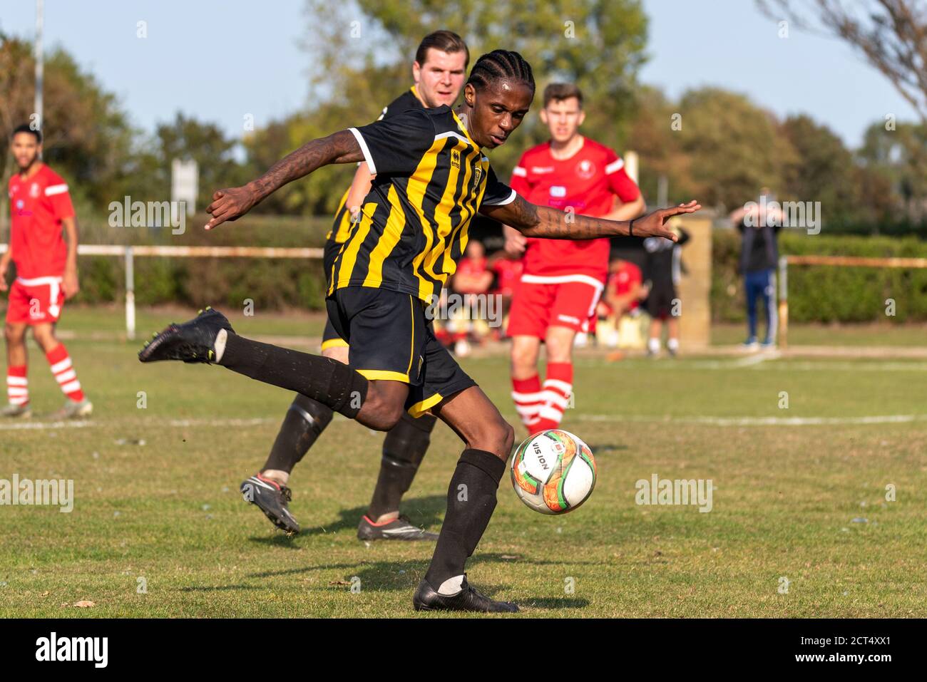 Jordan Russell playing for Southend Manor FC v Cockfosters FC in FA Vase  qualifying round 1 at Southchurch Park, Southend, Essex, UK. Black male  Stock Photo - Alamy