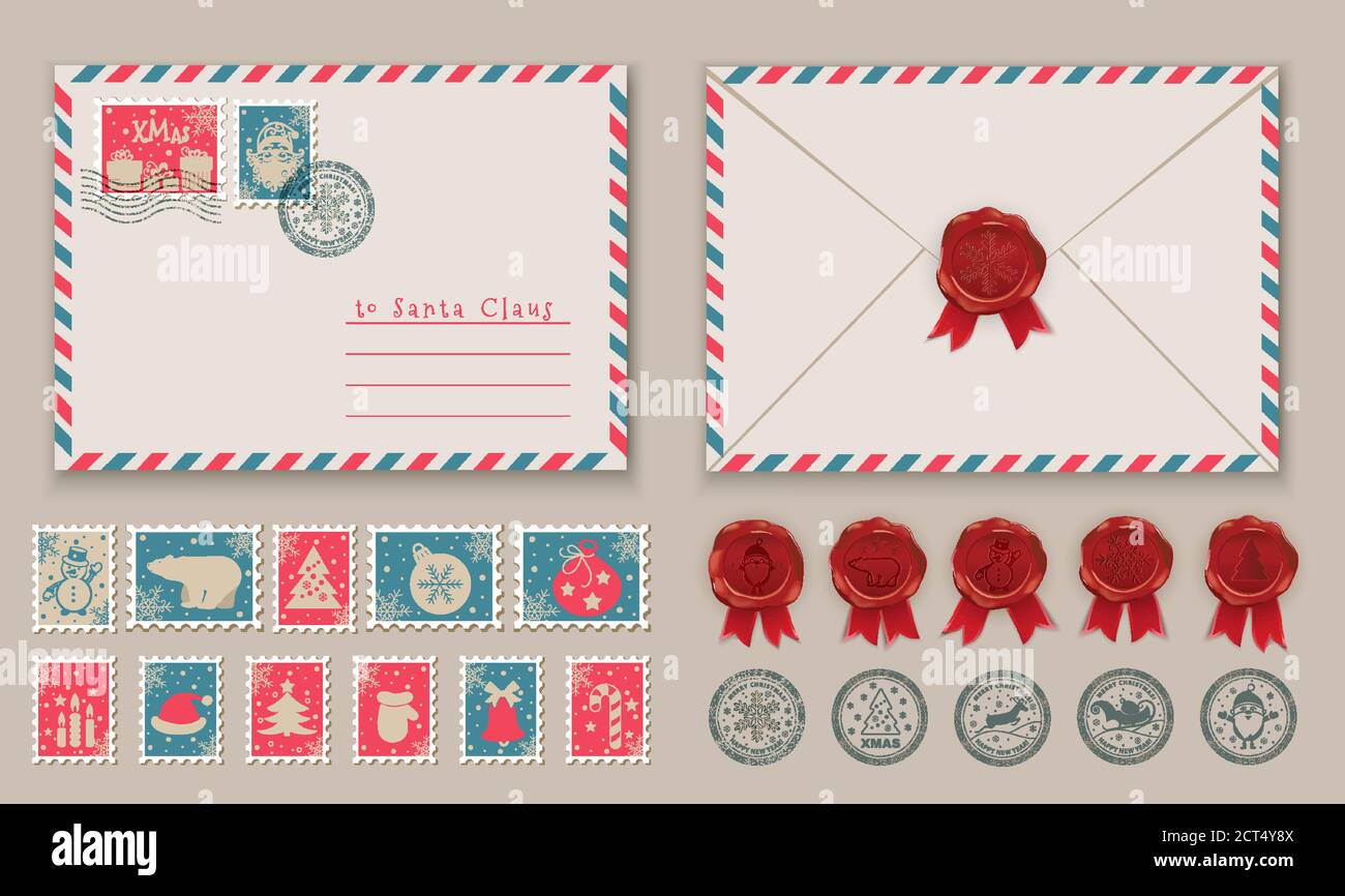 Christmas envelope with Santa in stamp and postage stamps, Snowman in stamp. Vector illustration Stock Vector
