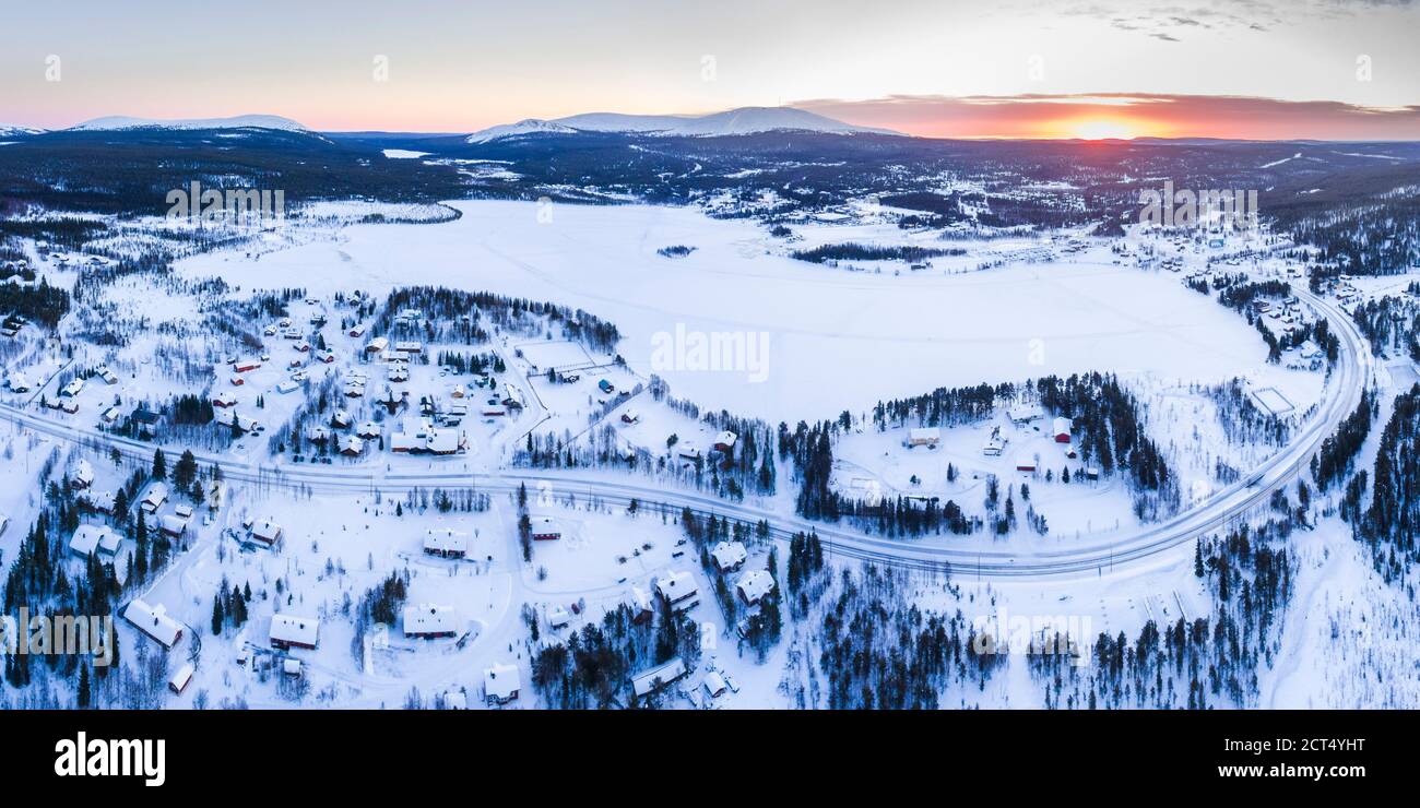 Aerial photo of Akaslompolo town inside the Arctic Circle in Finnish Lapland, Finland drone Stock Photo