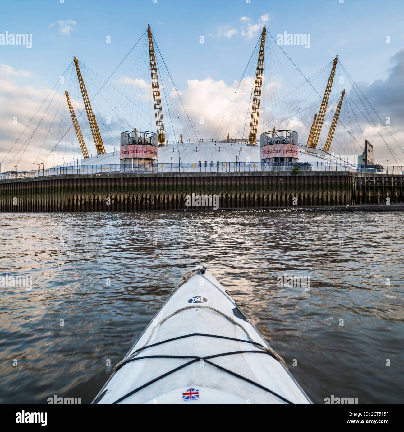 Kayaking on the River Thames past the O2 Arena, Greenwich, London