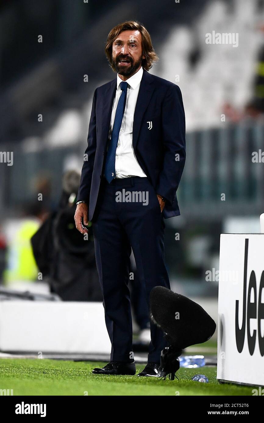 TURIN, ITALY - September 20, 2020: Andrea Pirlo, head coach of Juventus FC, gestures during the Serie A football match between Juventus FC and UC Sampdoria. Juventus FC won 3-0 over UC Sampdoria. (Photo by Nicolò Campo/Sipa USA) Stock Photo