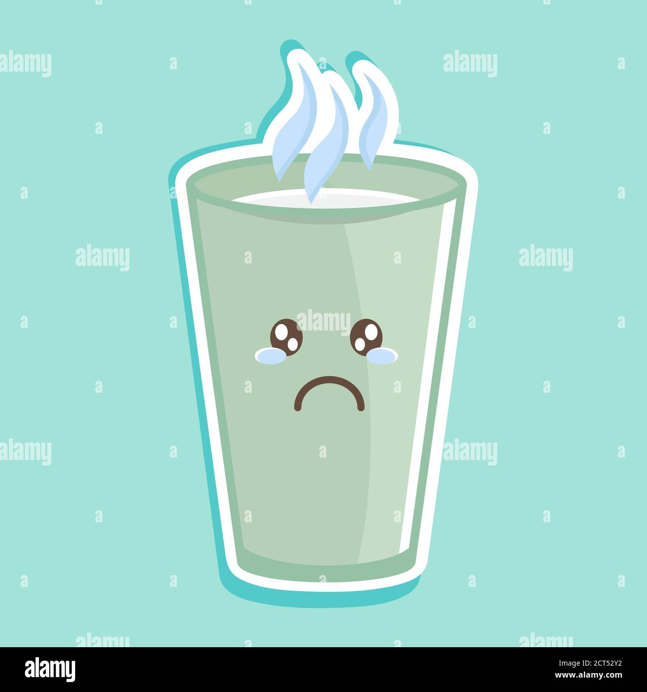 Simple vector illustration a cup of hot milk with a cute expression. Cute character. Sad face. Hot drink. Healthy life. Healthy drink. Full of nutriti Stock Vector