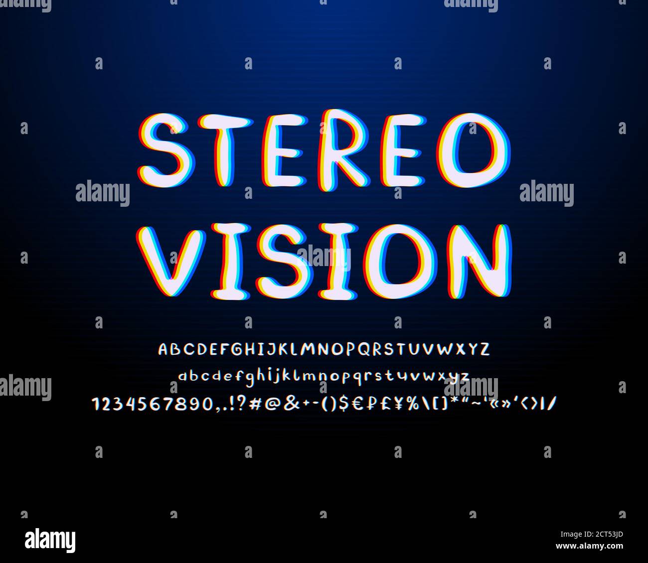 Stereo style Alphabet. Abstract retro vector font, white, red, yellow, blue colors. Uppercase and lowercase letters, numbers, marks. Stock Vector